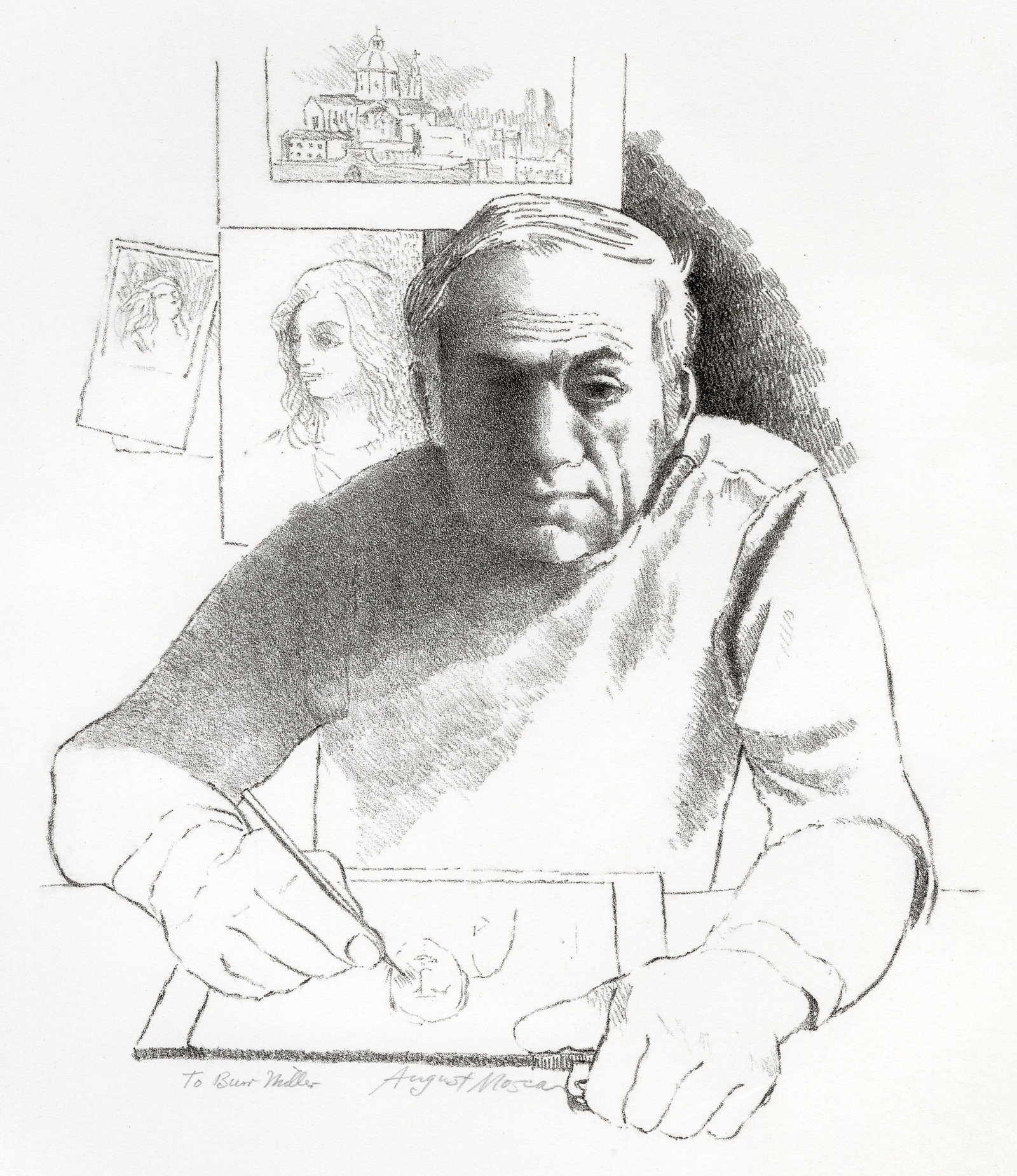August MOSCA: "Self Portrait".: August MOSCA (Italian American, 1909-2003): "Self Portrait". Lithograph on white wove pape with deckled edges, circa late 1970s. Pencil signed and inscribed to Burr Miller in the lower margin. Image