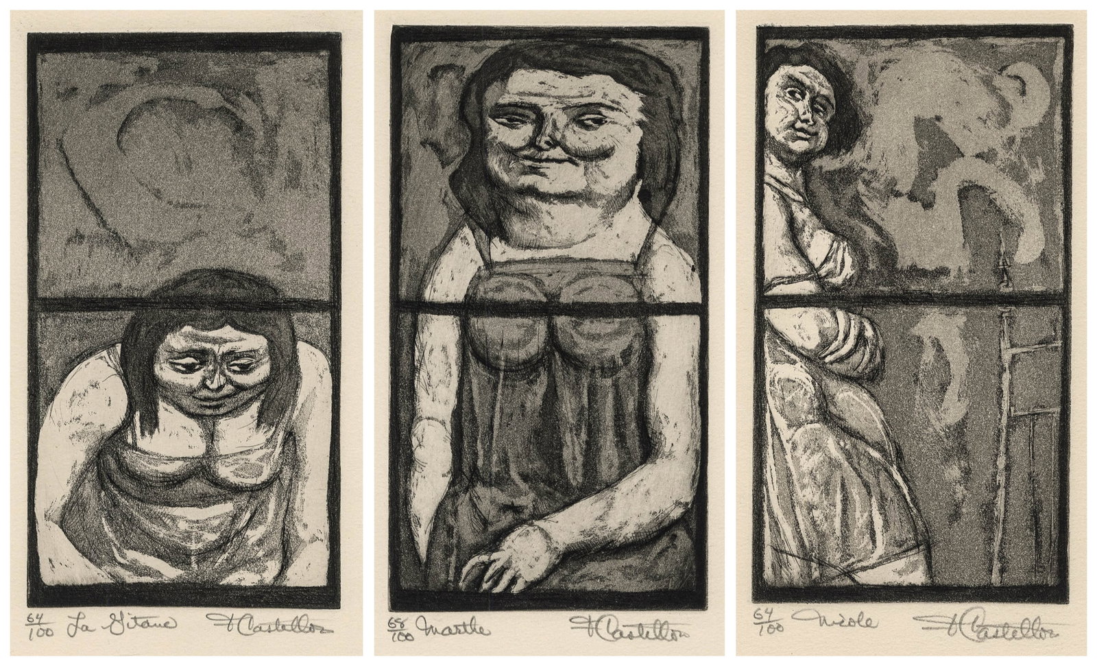 Three etchings by Federico CASTELLON.: Three etchings by Federico CASTELLON (Spanish American, 1914-1971): "Nicole", "Marthe", "La Gitane". Etchings and aquatint on wove paper, circa 1965. Edition of 100, each. From a series title "La