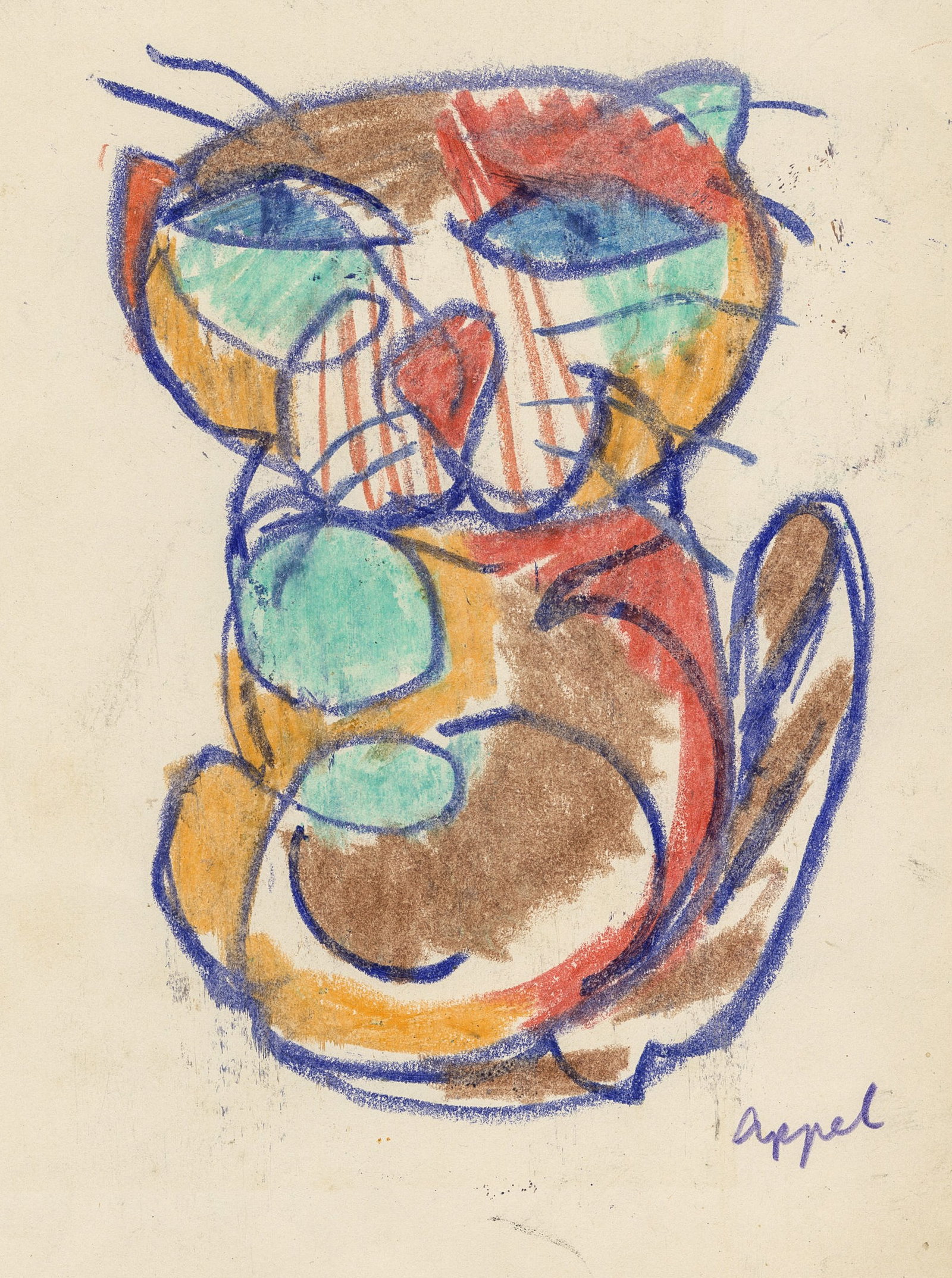 Karel APPEL: "Cat".: Karel APPEL (Dutch, 1921-2006): "Cat". Oil stick drawing on smooth paper. Signed in the lower right. Sheet size: 10 1/8 x 7 7/8 inches. Provenance: private colletion, Philadelphia, PA.