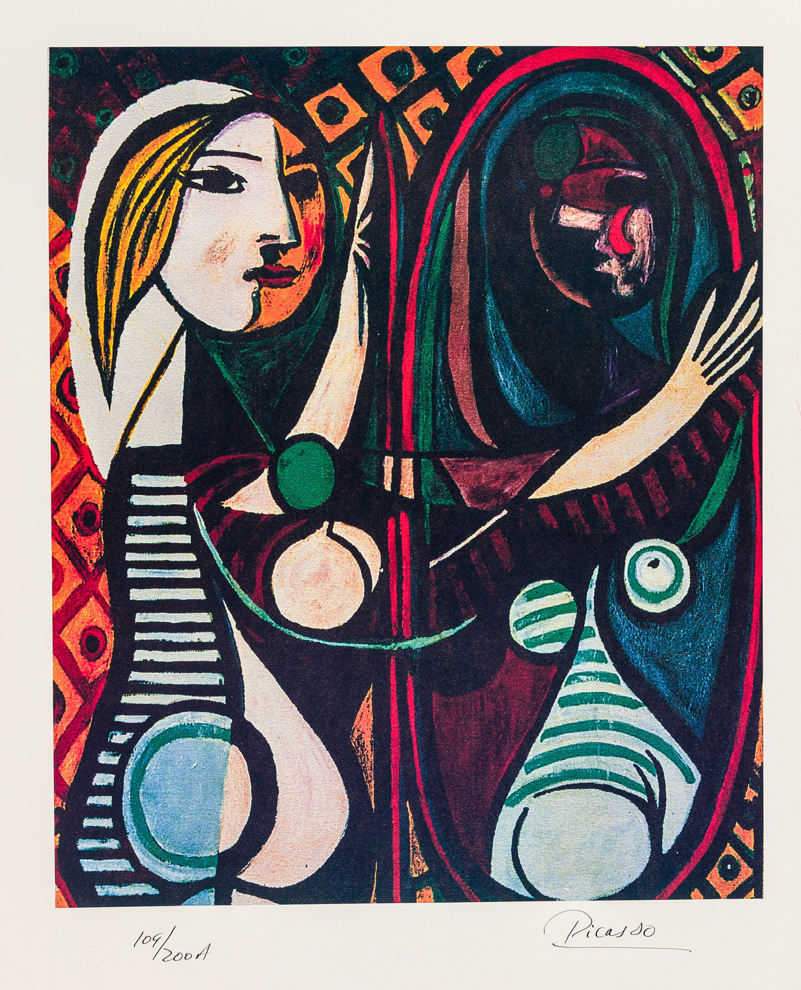 after Pablo PICASSO: "Girl Before a Mirror".: after Pablo PICASSO (Spanish-French, 1881-1973): "Girl Before a Mirror". Offset print, after an oil painting from 1932. From an edition of 200. Copyright "FEM", lower right sheet corner. Signed and