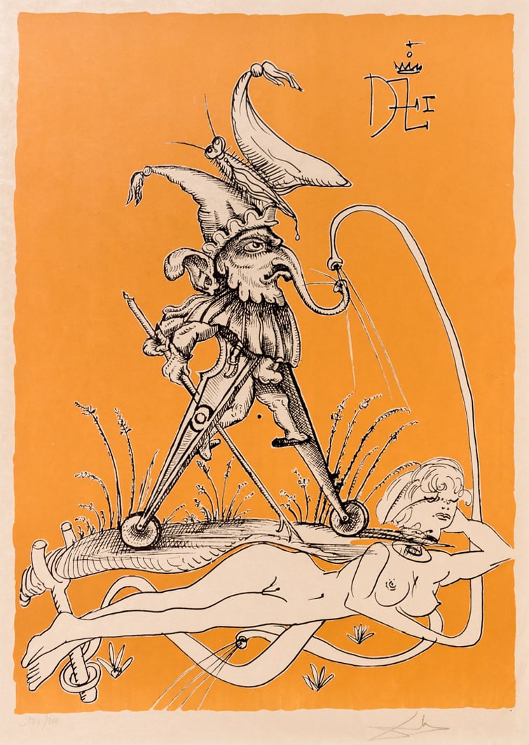 Salvador DALI: "Plate VII from Les Songes...": Salvador DALI (Spanish, 1904-1989): "Plate VII from Les Songes Drolatiques de Pantagruel". Color lithograph on Japon nacre, 1973. References: Field 73-7.G; Michler/Lopsinger 1414. Edition of 250.