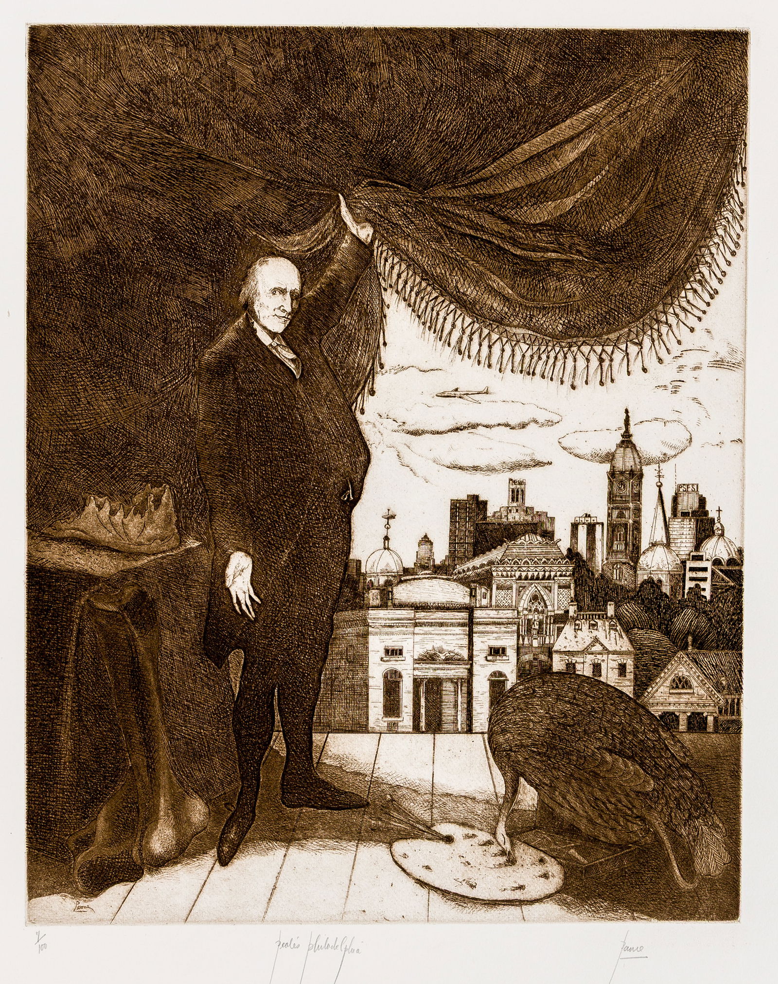 Peter PAONE: "Peale's Philadelphia".: Peter PAONE (American, born 1936): "Peale's Philadelphia". Etching and aquatint on wove paper, 1976. Editions of 100. Signed, titled, numbered, and dedicated "to Mitz and Harold - Warmest Regards -