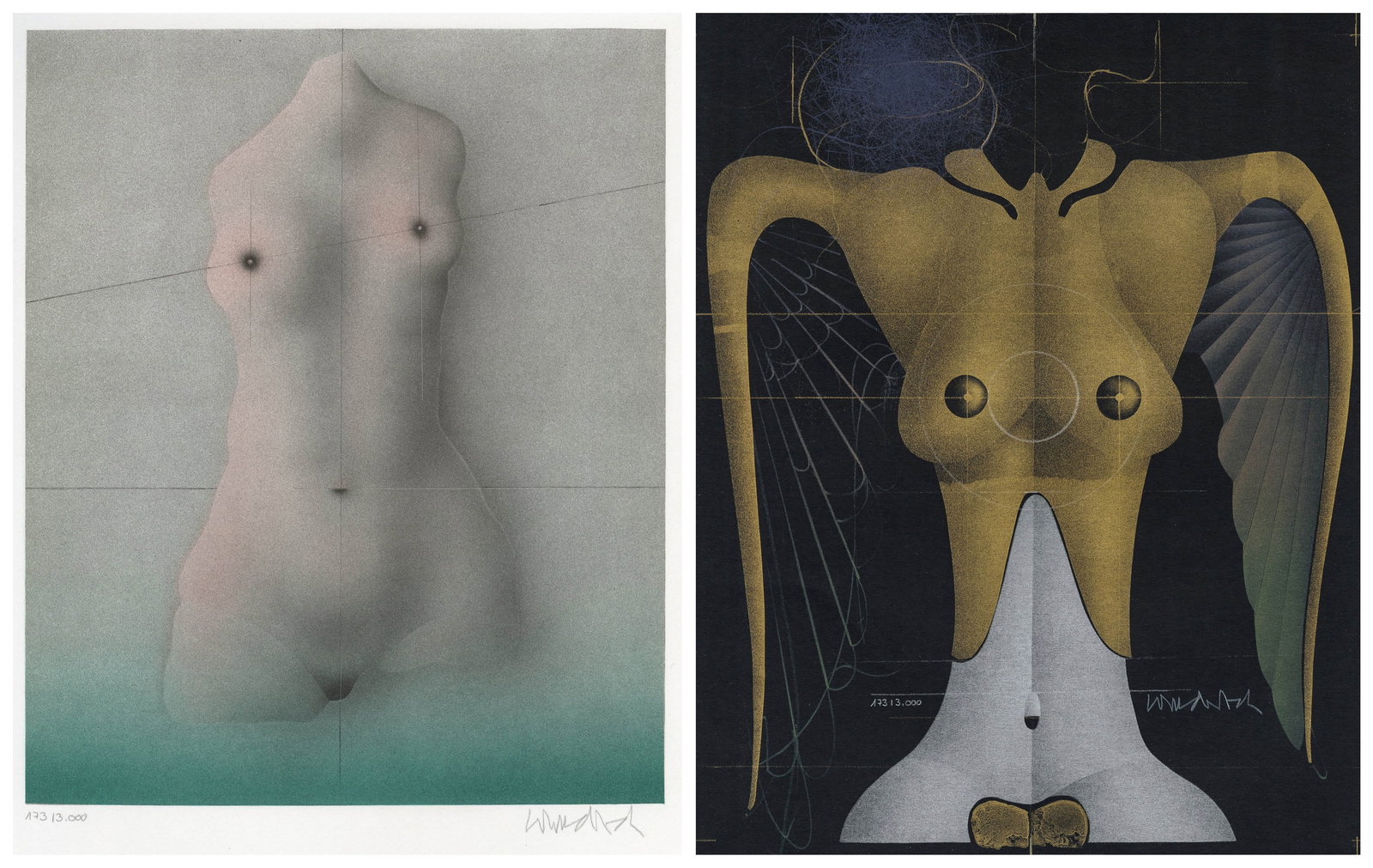 Paul WUNDERLICH: "Geflugelte Nike (Flying Nike)".: Paul WUNDERLICH (German, 1927-2010): "Geflugelte Nike (Flying Nike)", "Torso". Color lithograph on smooth black paper, and on white wove paper, respectively, 1977. Both from the set of three prints ti