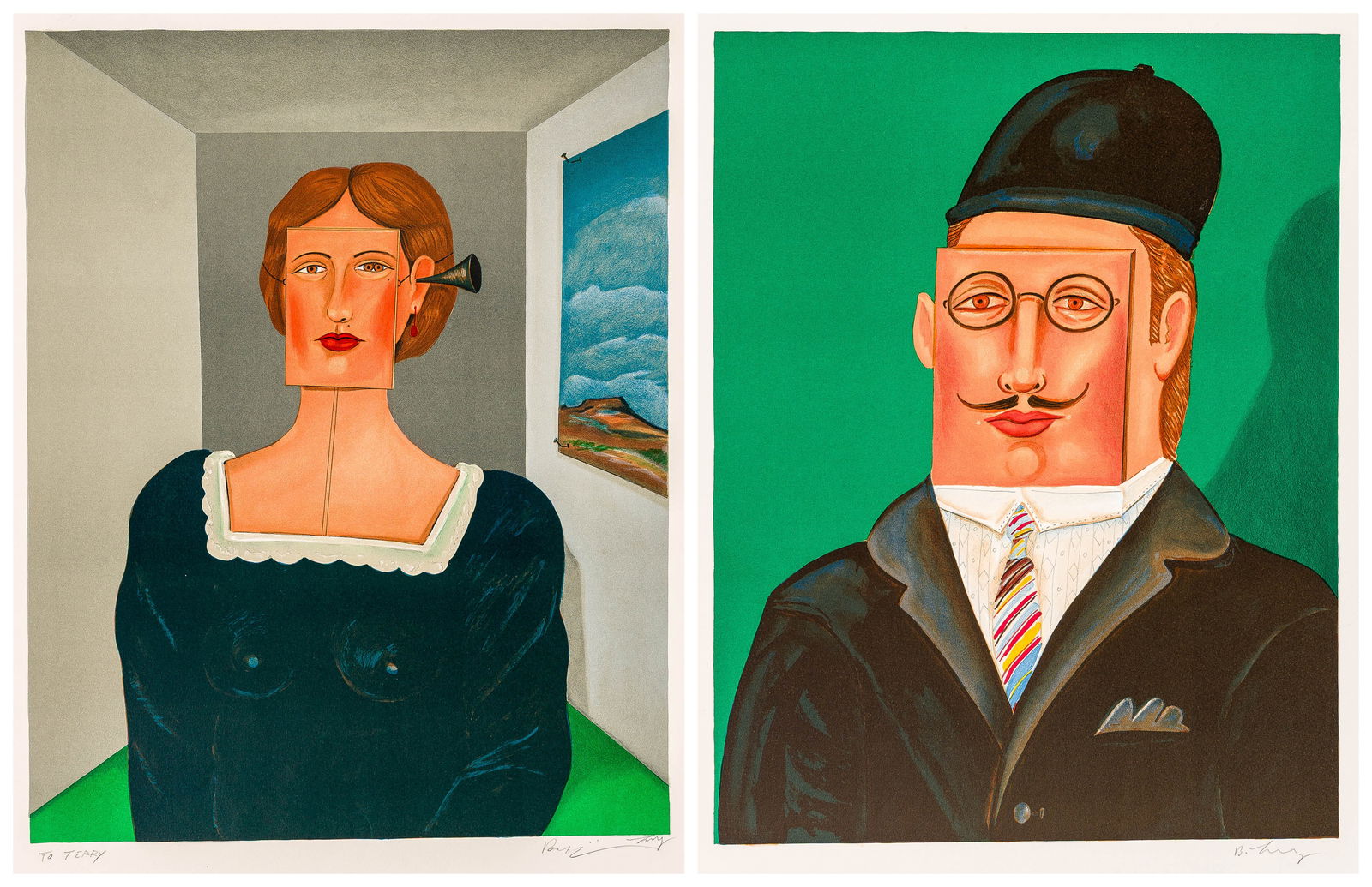 Benjamin LEVY: "Square-Faced Woman".: Benjamin LEVY (Israeli, 1940-2010): "Square-Faced Woman", "Square-Faced Man". Color lithographs on Arches wove paper, 1979. Unnumbered proofs; it is not clear that editions were actually printed for