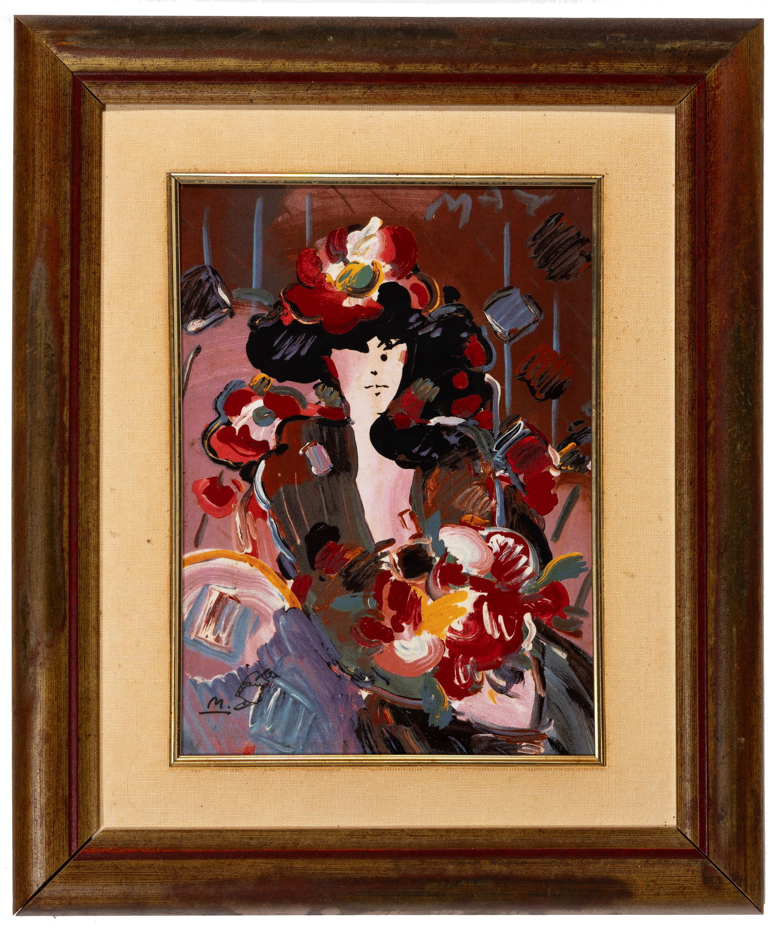 Peter MAX: "Brown Lady".: Peter MAX (American, b. 1937): "Brown Lady". Porcelain plaque, 1992. Signed in the image. Published by "Franklin Mint". Image size: 10 1/4 x 7 1/2 inches. Framed size: 16 1/2 x 13 1/2 inches.