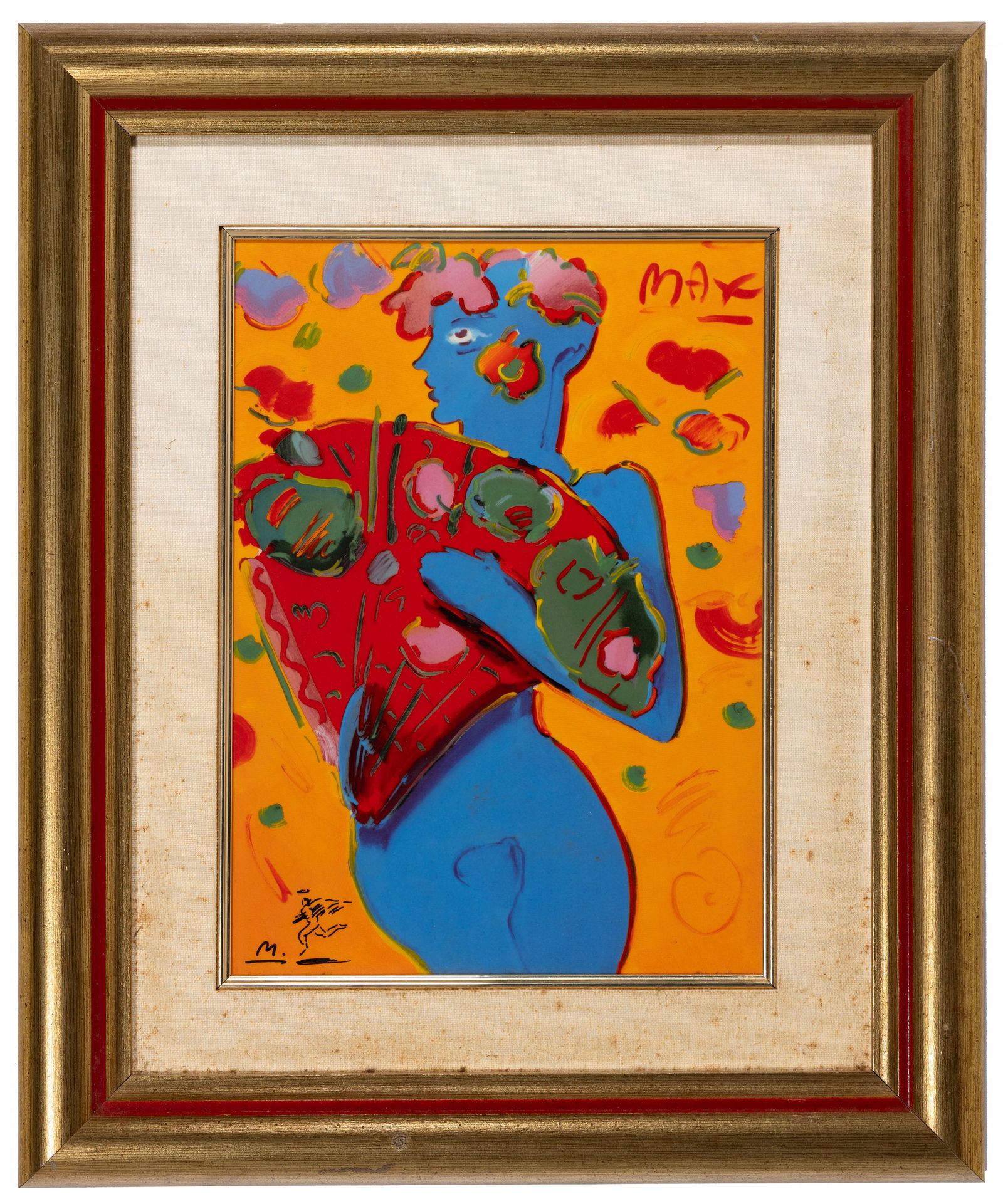Peter MAX: "Fan Dancer".: Peter MAX (American, b. 1937): "Fan Dancer". Porcelain plaque, 1989. Signed in the image. Published by "Franklin Mint". Image size: 10 1/4 x 7 1/2 inches. Framed size: 16 1/2 x 13 1/2 inches.