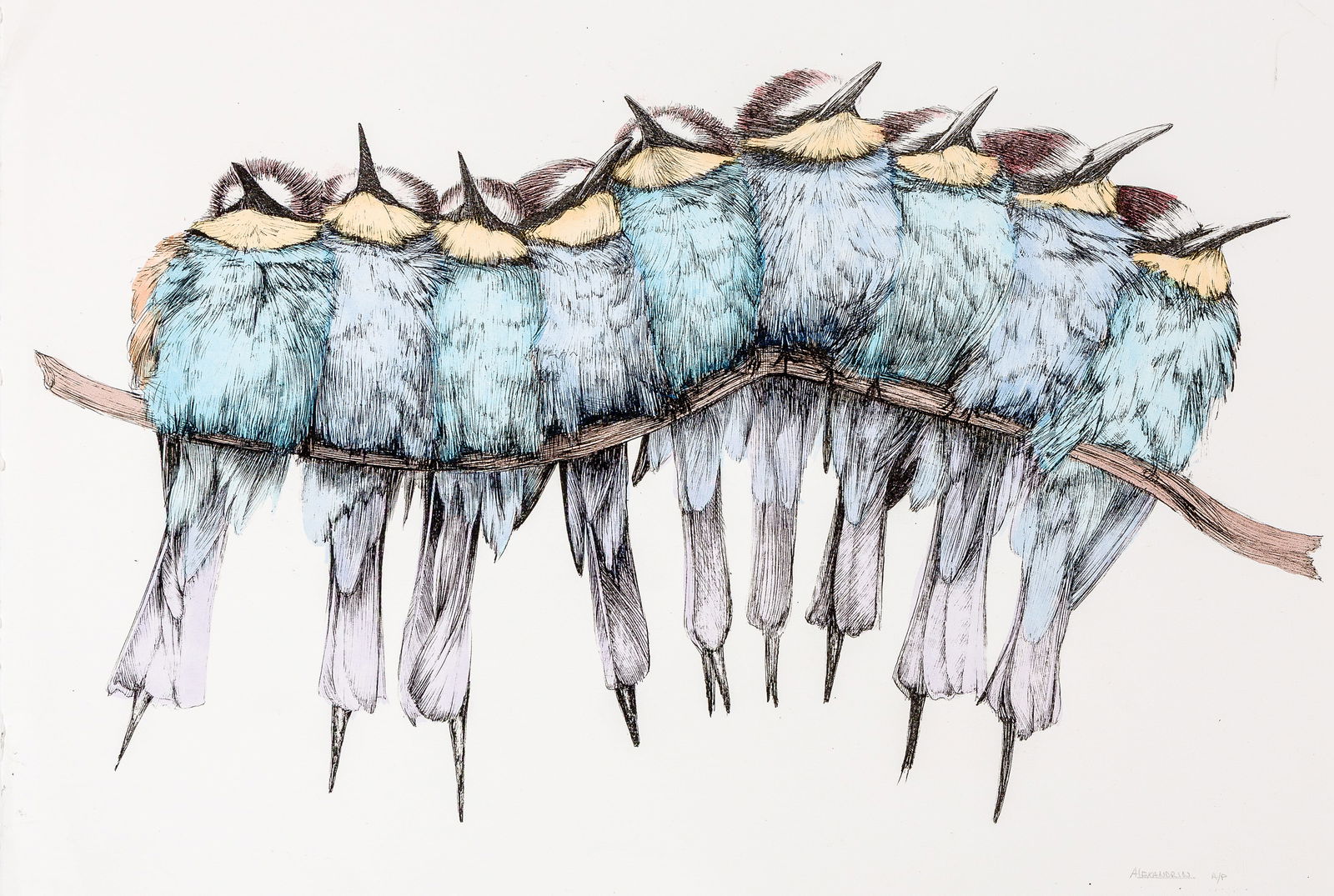 Anastasia ALEXANDRIN: "The Company".: Anastasia ALEXANDRIN (Ukrainian American, late 20th century): "The Company". Color transfer lithograph (?) on wove paper. Artist's proof. Signed and annotated in pencil. Blindstamped near the