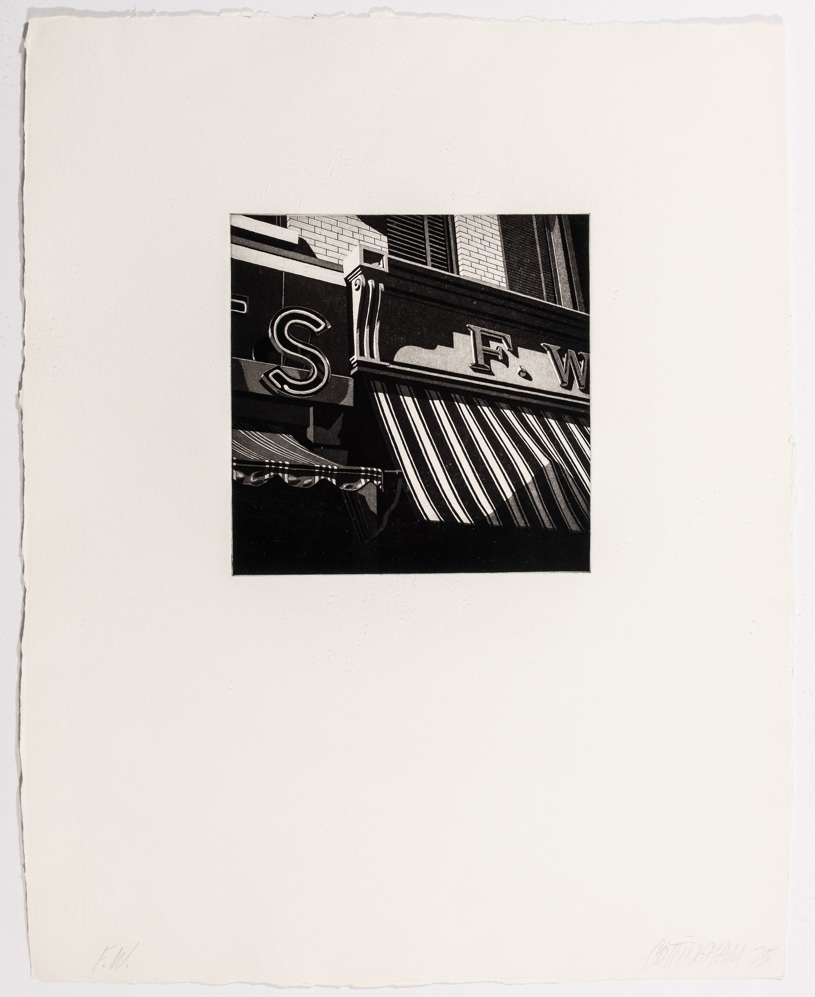 Robert COTTINGHAM: "F.W.": Robert COTTINGHAM (American, b. 1935): "F.W.". Lithograph on wove paper with a deckled edge, 1975. Reference: Lemon/Cvikota p. 589, RC-74-012E. Published by Landfall Press. Trial proof outside of the 