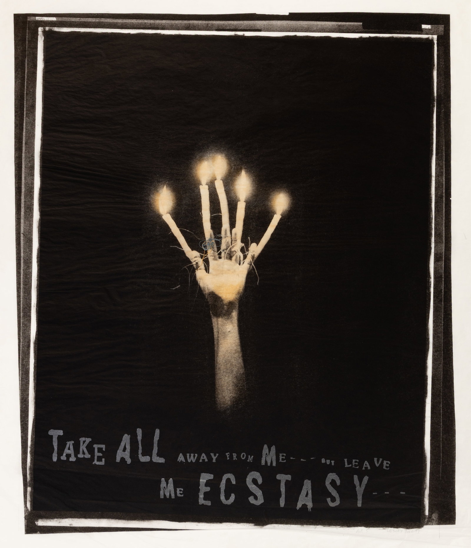 Lesley DILL: "Leave Me Ecstasy".: Lesley DILL (American, b. 1950): "Leave Me Ecstasy". Color lithograph, silkscreen, and etching, with tea-stained brushwork and hand-applied thread and wire, 1997. Reference: Lemon/Cvikota p. 607, LD-9