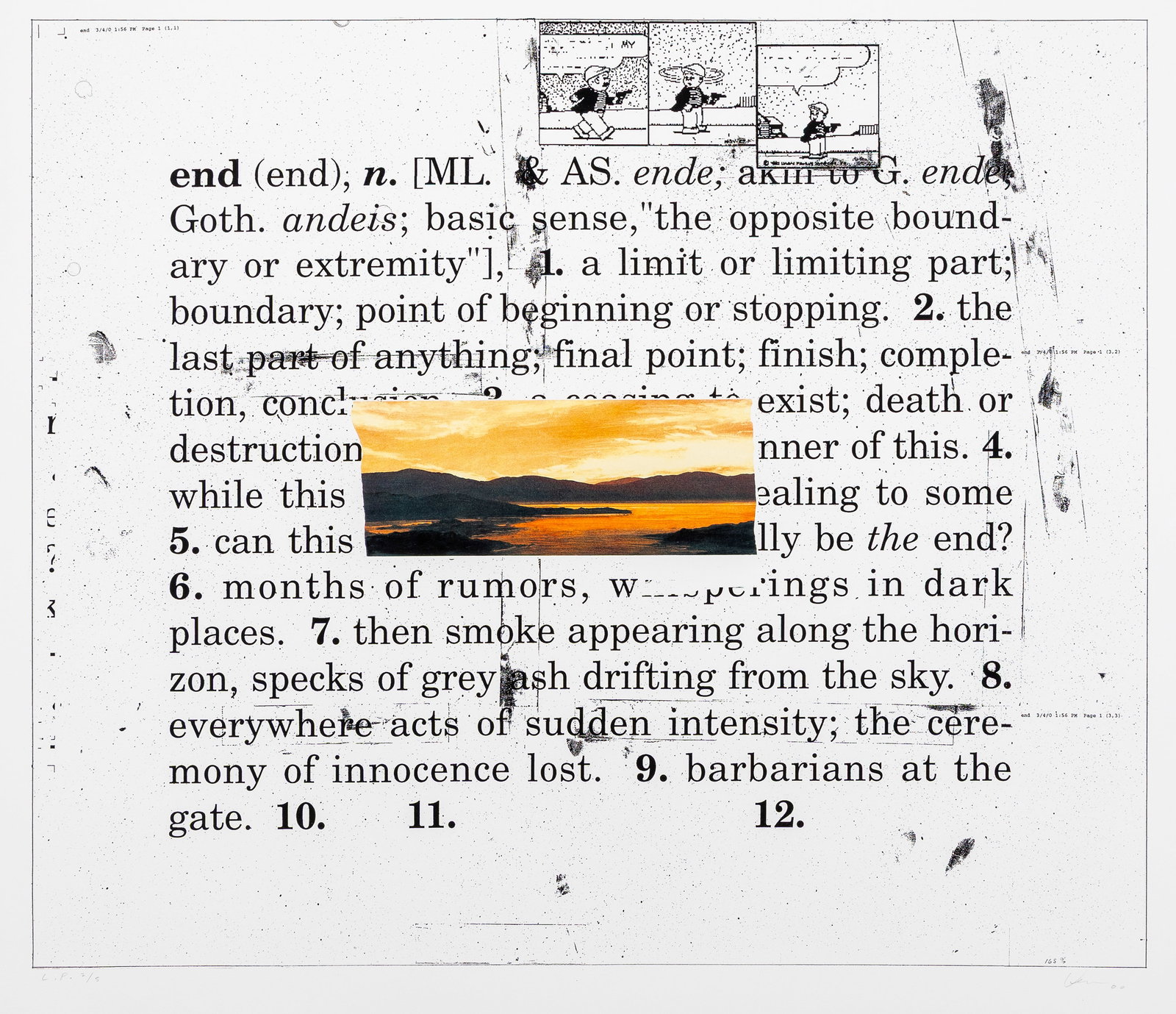 Vernon FISHER: "End".: Vernon FISHER (American, 1943-2023): "End". Color lithograph on wove paper, 2001. Reference: Lemon/Cvikota p. 611, VF-01-04. Published by Landfall Press, with their stamp on verso, as usual. Signed,