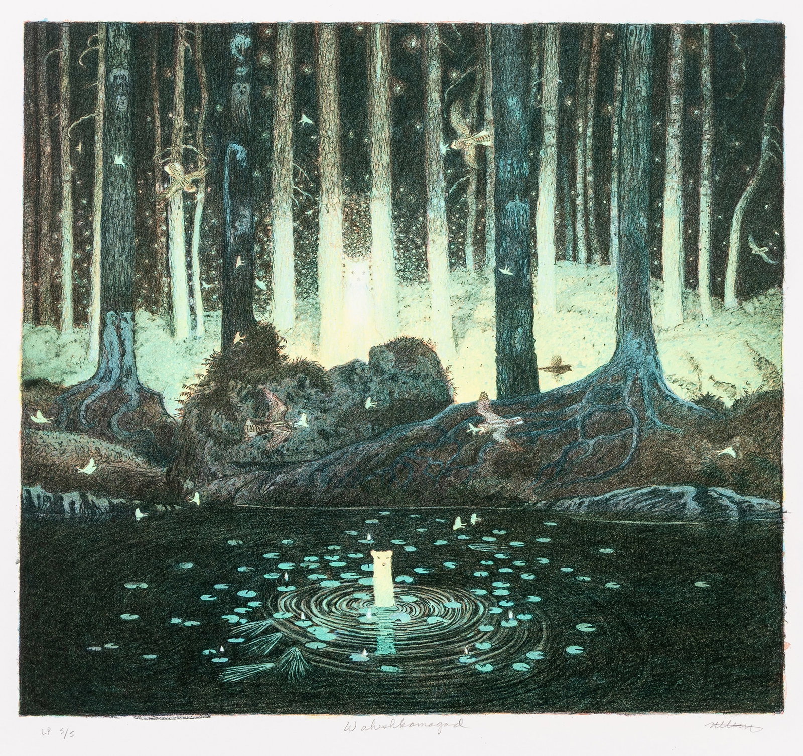 Tom UTTECH: "Waheshkamagad".: Tom UTTECH (American, b. 1942): "Waheshkamagad". Color lithograph on wove paper, 2002. Reference: Lemon/Cvikota p. 612, TU-02-02. Published by Landfall Press, with their stamp on verso, as usual.