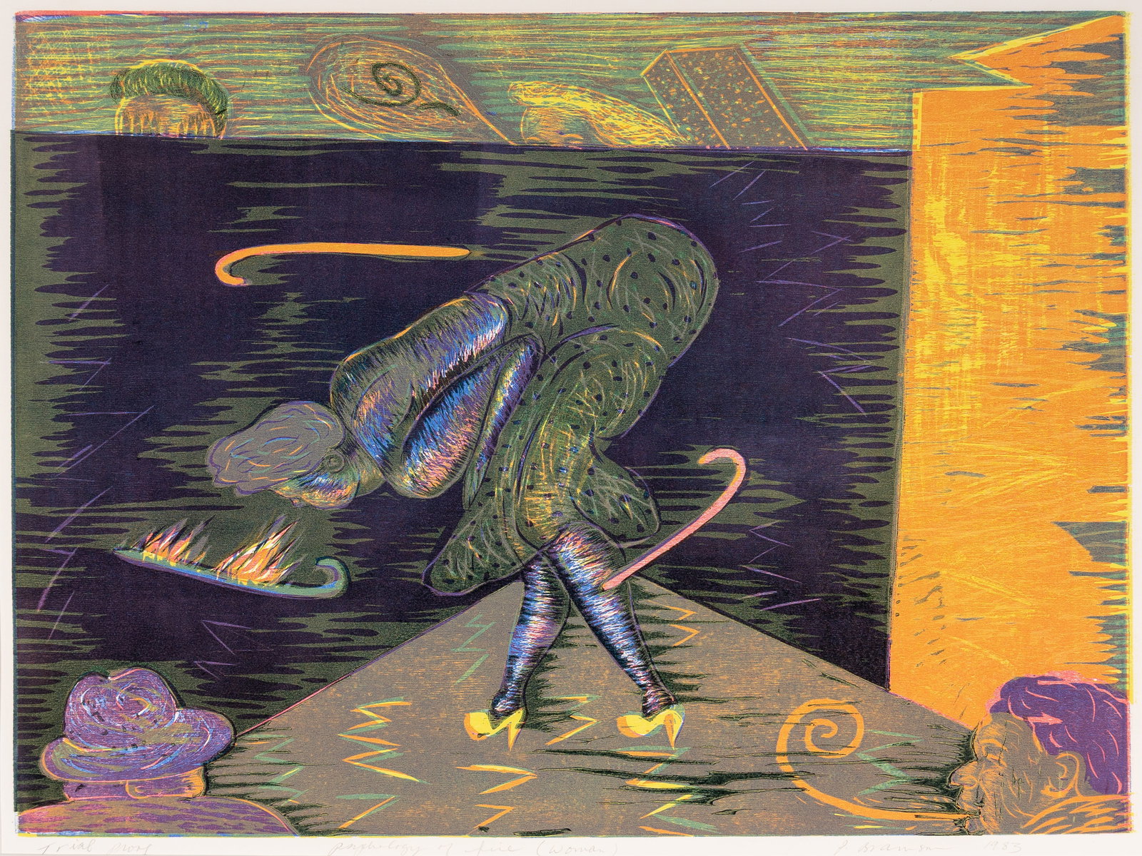 Phyllis BRAMSON: "Psychology of Fire, 1 (Woman)".: Phyllis BRAMSON (American,): "Psychology of Fire, 1 (Woman)". Color lithograph on wove paper. Reference: Lemon/Cvikota p. 599, PB-83-872W. Published by Landfall Press. Signed, dated, titled and
