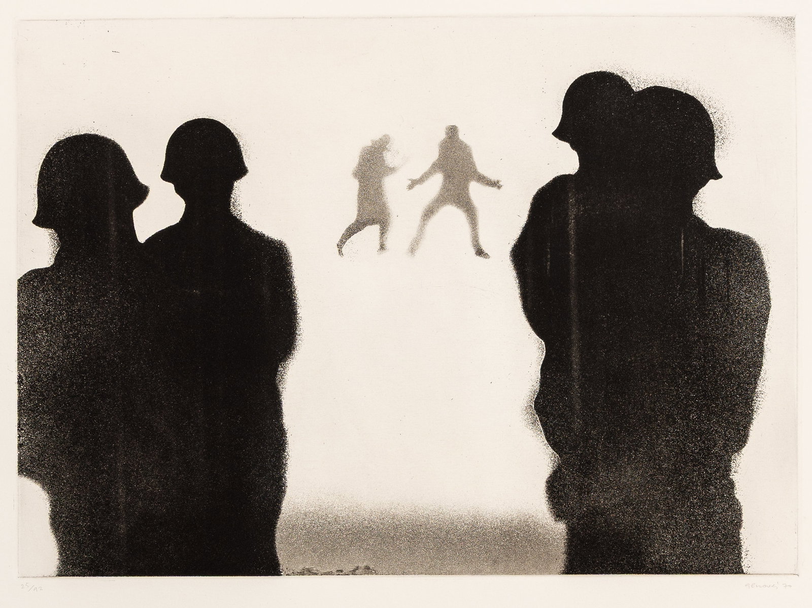 Juan GENOVES: "Plate 7, Triangulo (Triangle)".: Juan GENOVES (Spanish, 1930-2020): "Plate 7, Triangulo (Triangle)". Aquatint on Arches wove paper with a deckled edge, 1970. Signed, numbered and dated in pencil. Edition of 92. From the portfolio "Si