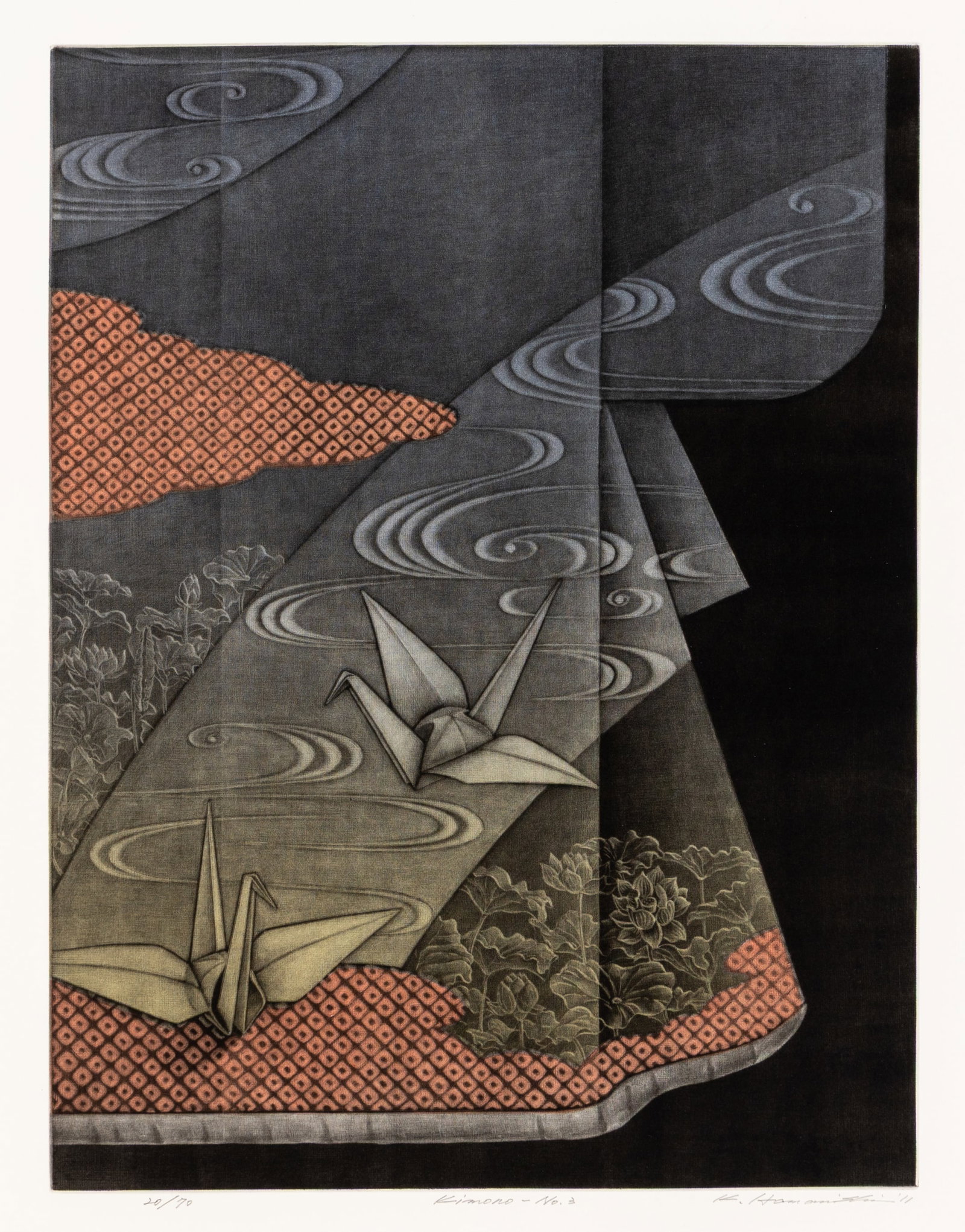 Katsunori HAMANISHI: "Kimono - No. 3".: Katsunori HAMANISHI (Japanese, born 1949): "Kimono - No. 3". Color mezzotint on wove paper, 2011. Edition of 70. Signed, titled, dated, and numbered in pencil. Plate size: 17 x 12 7/8 inches. Sheet