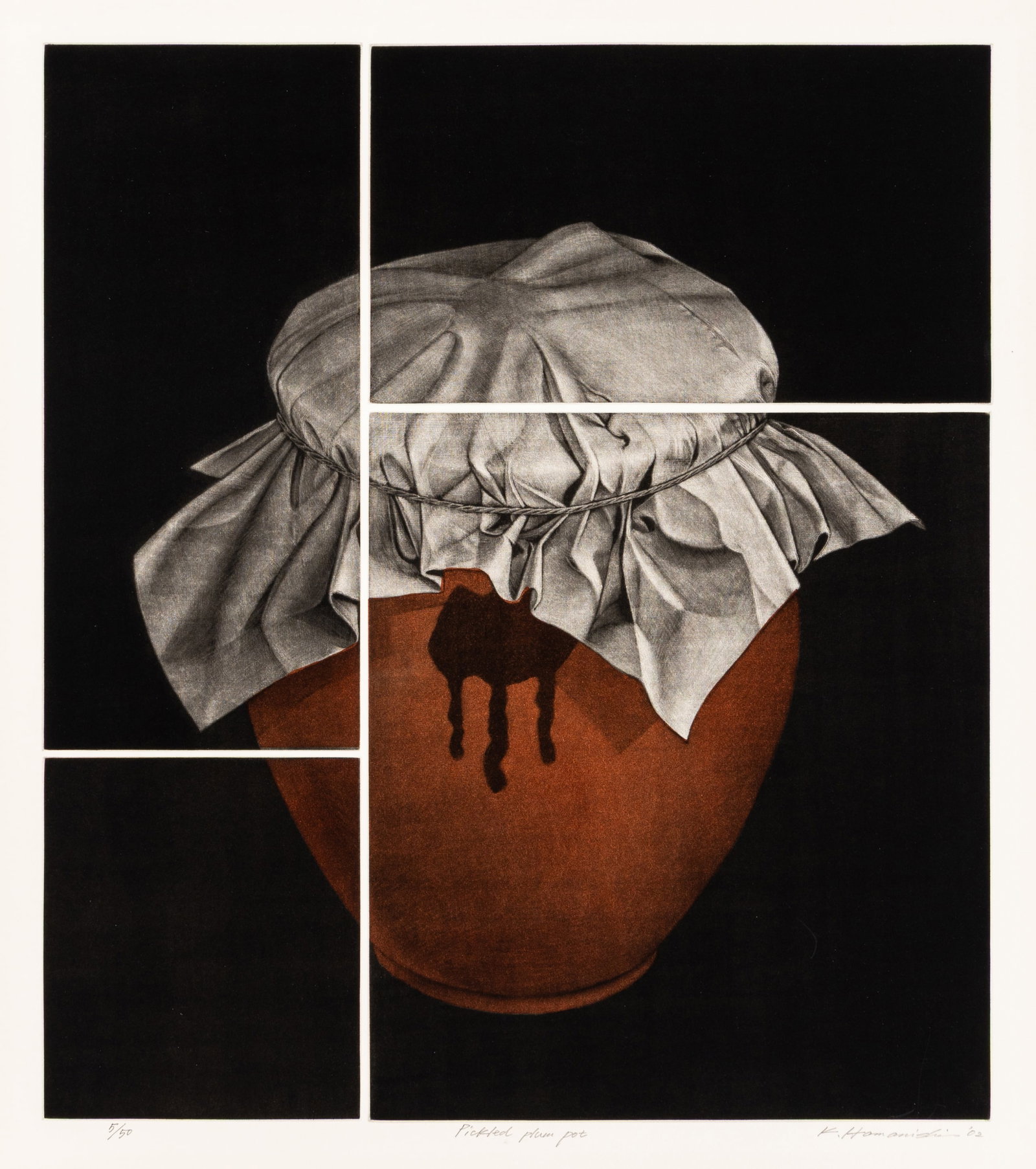 Katsunori HAMANISHI: "Pickled plum pot".: Katsunori HAMANISHI (Japanese, born 1949): "Pickled plum pot". Color mezzotint printed from four plates, printed together, with thin bands of unprinted paper, together on one sheet of wove paper,