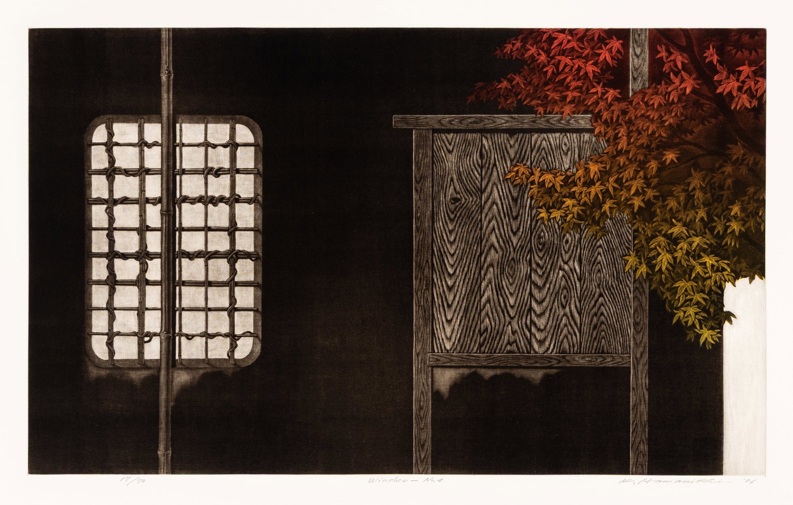 Katsunori HAMANISHI: "Window - No. 4".: Katsunori HAMANISHI (Japanese, born 1949): "Window - No. 4". Color mezzotint on wove paper, 2006. Edition of 70. Signed, titled, dated, and numbered in pencil. Plate size: 14 1/4 x 23 1/2 inches.