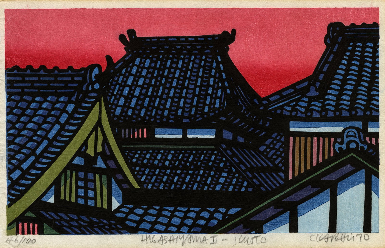 Clifton KARHU: Two woodcuts.: Clifton KARHU (Finnish/American, 1927-2007): "Higashiyama II Kyoto". Woodcut on paper, date, 1970. Edition of 100. Signed, numbered, and dated, and titled in pencil. Image size: 6 x 10 inches. Sheet