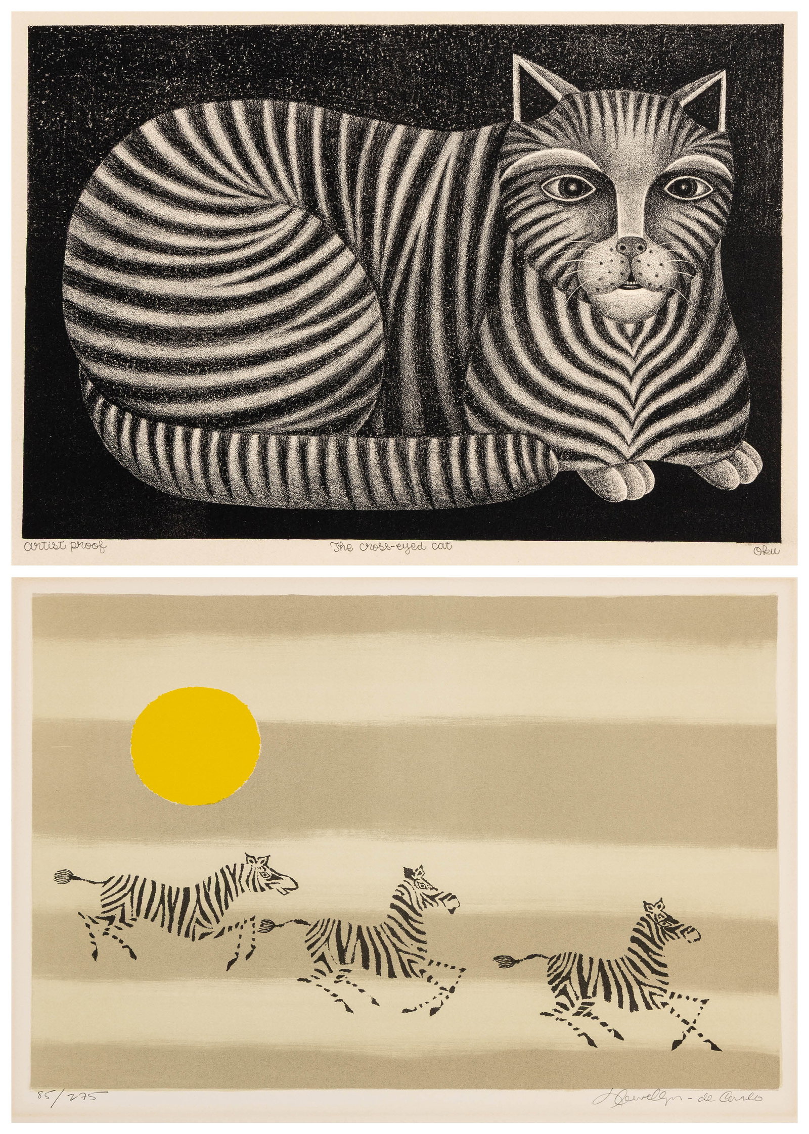 Two lithographs of animals.: Two lithographs of animals. 1) Shigeo OKUMURA (Japanese, 1937 -1993): "The Cross-Eyed Cat". Lithograph on wove paper, circa 1970. Artist's proof. Signed, titled, and annotated in pencil. Image size: 9