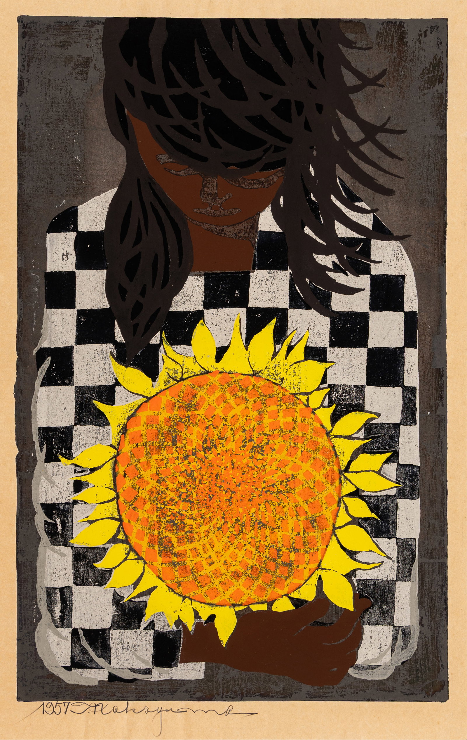 Francois-Masami NAKAYAMA: "The Girl...": Francois-Masami NAKAYAMA (Japanese French, 1898-1979): "The Girl with the Sunflower". Woodblock print (color woodcut) printed on Japan, mounted on board, 1957. Signed in pencil. Image size: 24 x 15