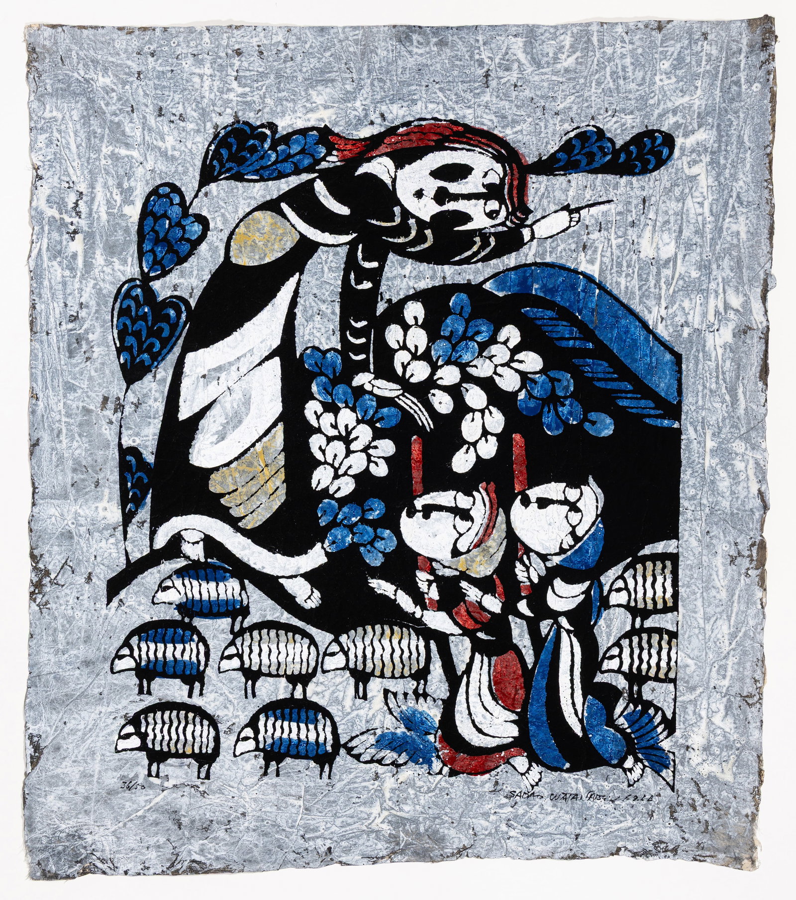 Sadao WATANABE: "The Good News...": Sadao WATANABE (Japanese, 1913-1996): "The Good News to the Shepherds". Color stencil on hand-dyed paper, 1966. Edition of 50. Signed, dated, and numbered in ink. Sheet size: 26 x 22 1/2 inches.