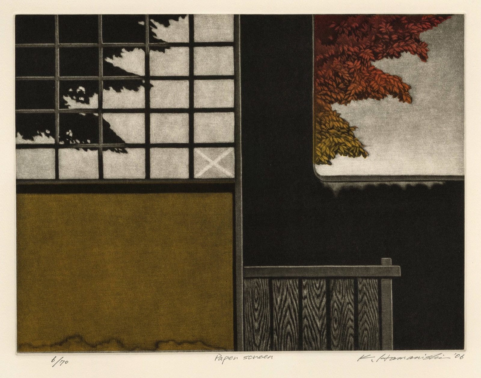Katsunori HAMANISHI: "Paper Screen".: Katsunori HAMANISHI (Japanese, born 1949): "Paper Screen". Mezzotint on smooth wove paper, 2006. Edition of 70. Signed, numbered, and dated, and titled in pencil. Image size: 7 3/4 x 10 1/2 inches.