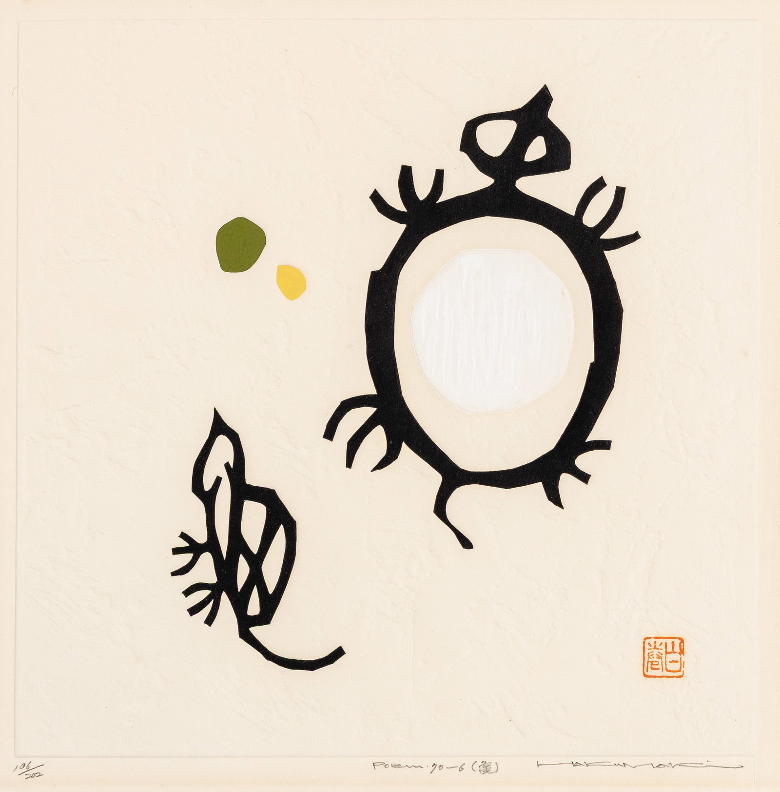 Haku MAKI: "Poem 70-6".: Haku MAKI (Japanese, 1924-2000): "Poem 70-6". Embossed print with color stencil on wove Japan paper, 1970. Reference: Maki-Tretiak 240. Edition of 202. Signed, titled, and numbered in pencil. Also ann