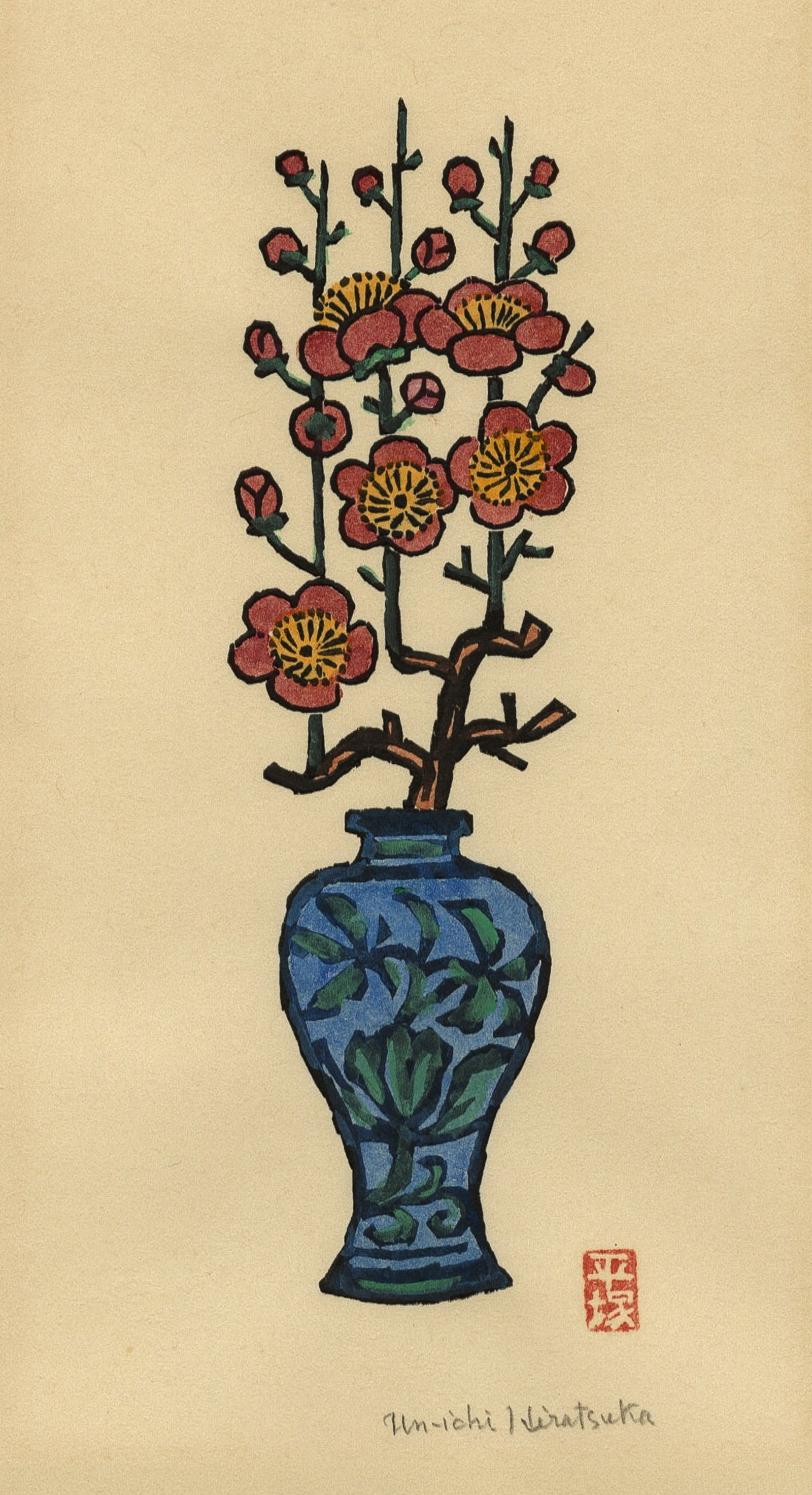Un'ichi HIRATSUKA: "Vase and Flowers".: Un'ichi HIRATSUKA (Japanese, 1895-1997): "Vase and Flowers". Woodcut with added painting on paper. Signed in pencil, and with the artist's red seal. Sheet size: 11 1/8 x 7 3/4 inches. Note: acid