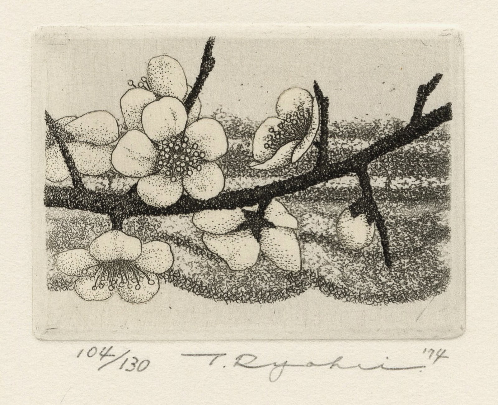 Sumio KAWAKAMI: "Plum Blossoms".: Sumio KAWAKAMI (Japanese, 1895-1972): "Plum Blossoms". Woodcut on mulberry paper, circa 1950. Stamped. Sheet size: 7 1/4 x 6 3/8 inches.