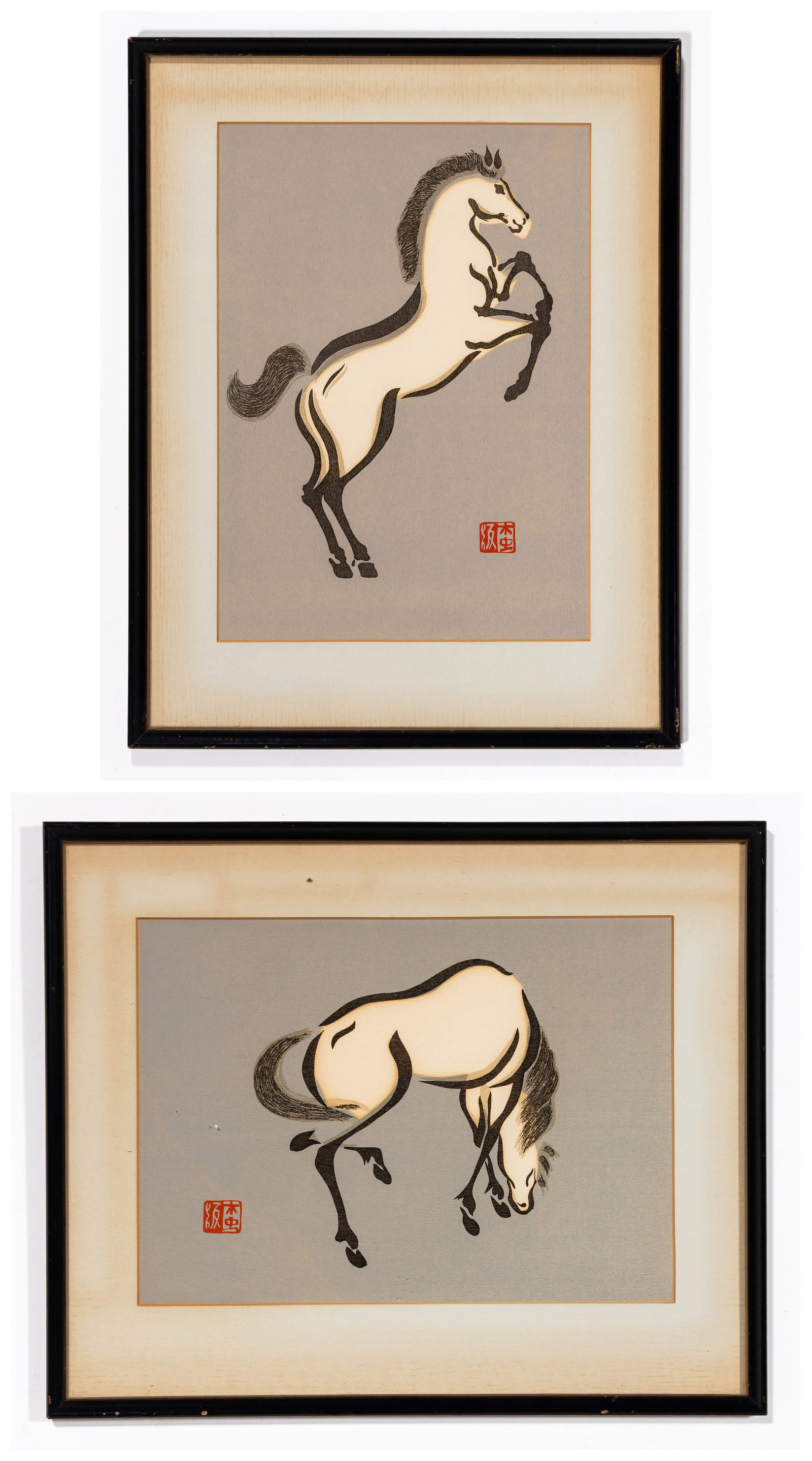 Urushibara MOKUCHU: Two Horse Prints.: Two Horse Prints by Urushibara MOKUCHU (Japanese, 1888-1953): "Grazing Horse", "Rearing Horse". Two woodblock prints (color woodcuts). Signed with the artist's red seal in the image. Framed. Frame siz