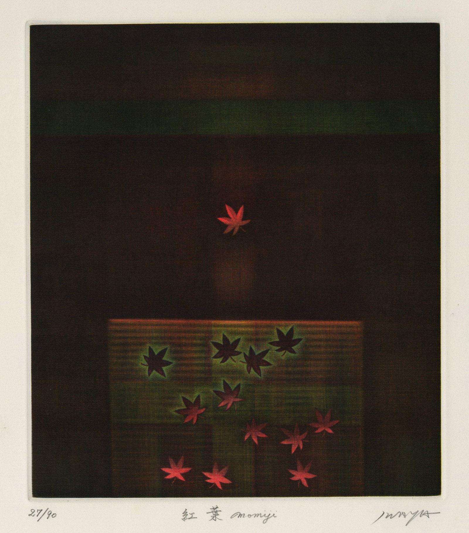 Toru IWAYA: "Koyo / Momiji (Autumn Leaves)".: Toru IWAYA (Japanese, 1936-2025): "Koyo / Momiji (Autumn Leaves)". Mezzotint on wove paper. Edition of 90. Signed, numbered, dated, and titled (in Kanji) in pencil. Image size: 11 1/4 x 9 5/8 inches. 