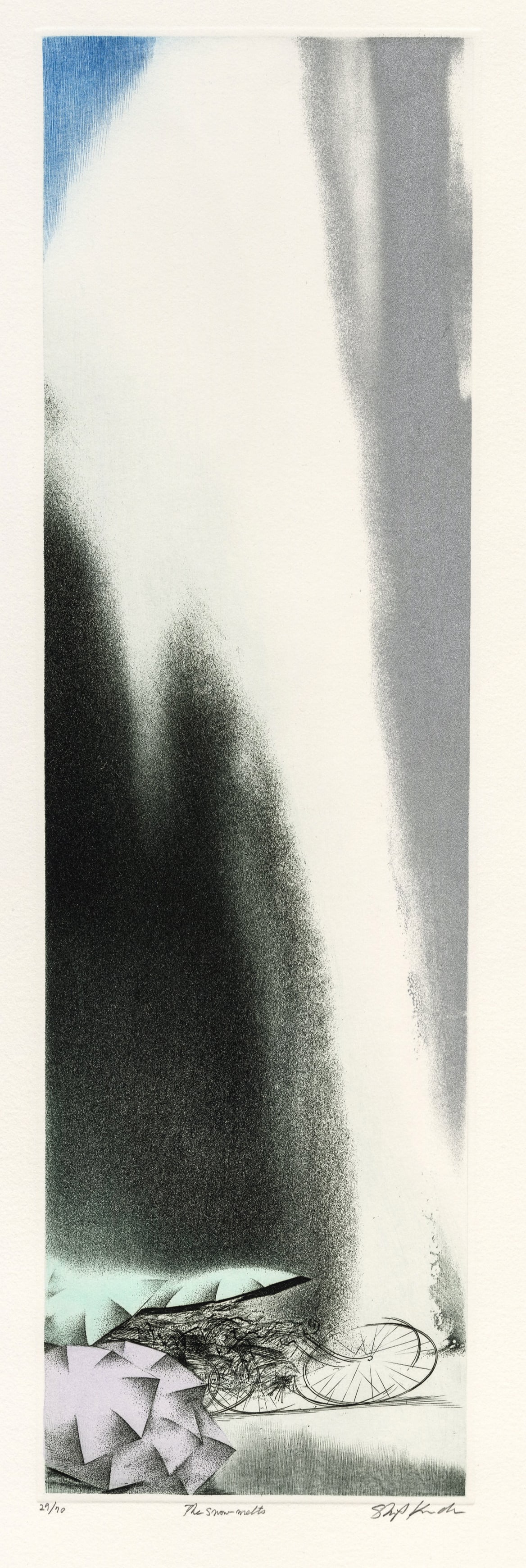 Shigeki KURODA: "The Snow Melts".: Shigeki KURODA (Japanese, b. 1953): "The Snow Melts". Color mezzotint on Rives BFK wove paper with a deckled edge. Edition of 70. Signed, titled and numbered in pencil. Plate size: 19 1/4 x 5 3/4 inch