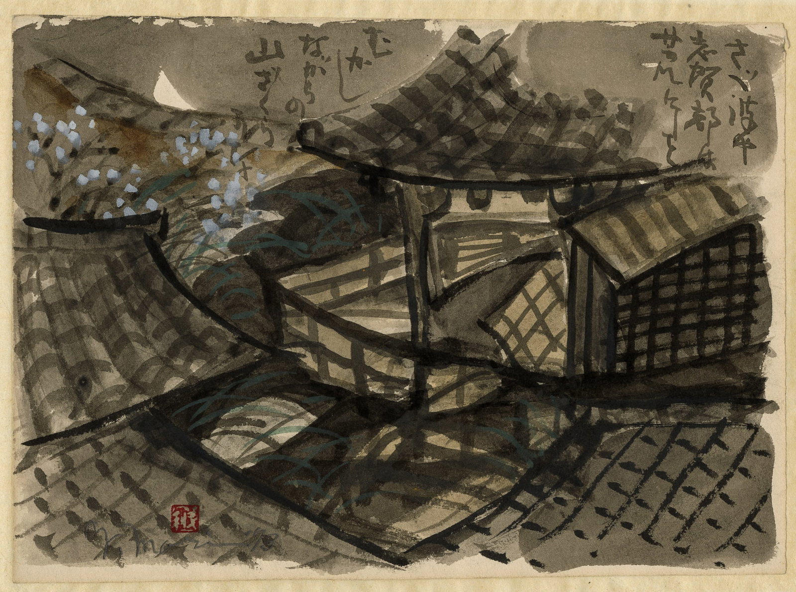 Yoshitoshi MORI: "Rooftops".: Yoshitoshi MORI (Japanese, 1898-1992): "Rooftops". Ink wash with white gouache on paper mounted to a translucent sheet, 1978. Ink annotations in Kanji at the top of the image. Signed in pencil. Also s