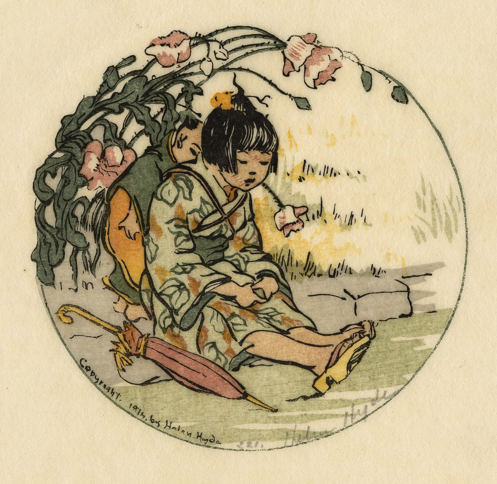 Helen HYDE: "A Weary Little Mother".: Helen HYDE (American, 1868-1919): "A Weary Little Mother". Woodcut on light japan paper, 1914. Reference: Mason and Mason, 122. Inscribed in the image with copyright, date and name. Signed in pencil