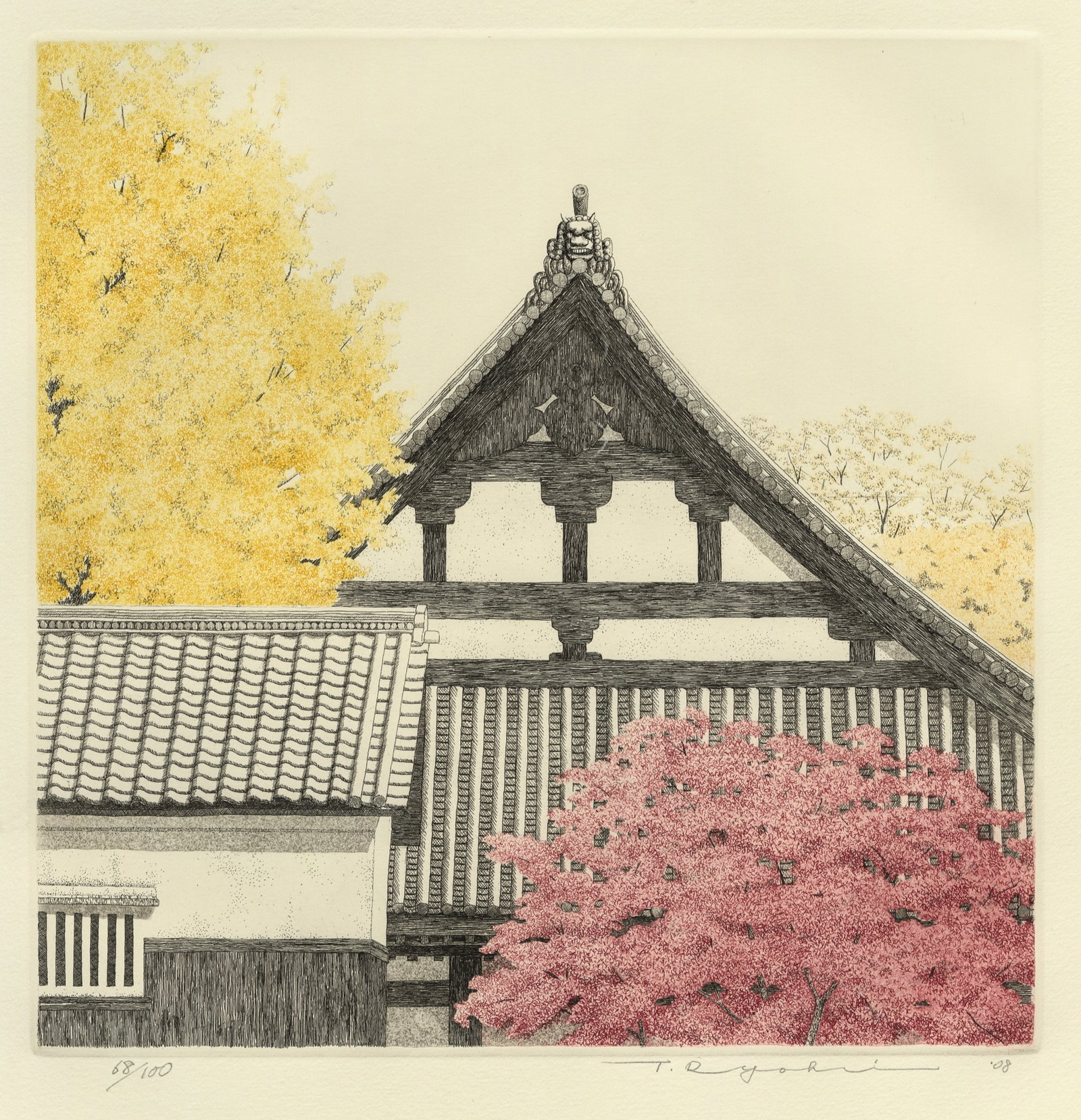 Ryohei TANAKA: "Temple in Autumn".: Ryohei TANAKA (Japanese, 1933-2019): "Temple in Autumn". Color etching and aquatint on paper, 2008. Edition of 100. Signed, numbered, and dated, and titled (in Kanji) in pencil. Image size: 11 5/8 x 1