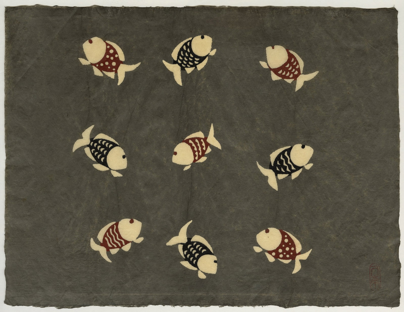 SERIZAWA: "Fish - An abundance of anything...": Keisuke SERIZAWA (Japanese, 1895-1984): "Fish - An abundance of anything you may wish for". Katazome stencil on dark gray handmade paper, 1960. With the artist's red seal at lower right. Sheet size: