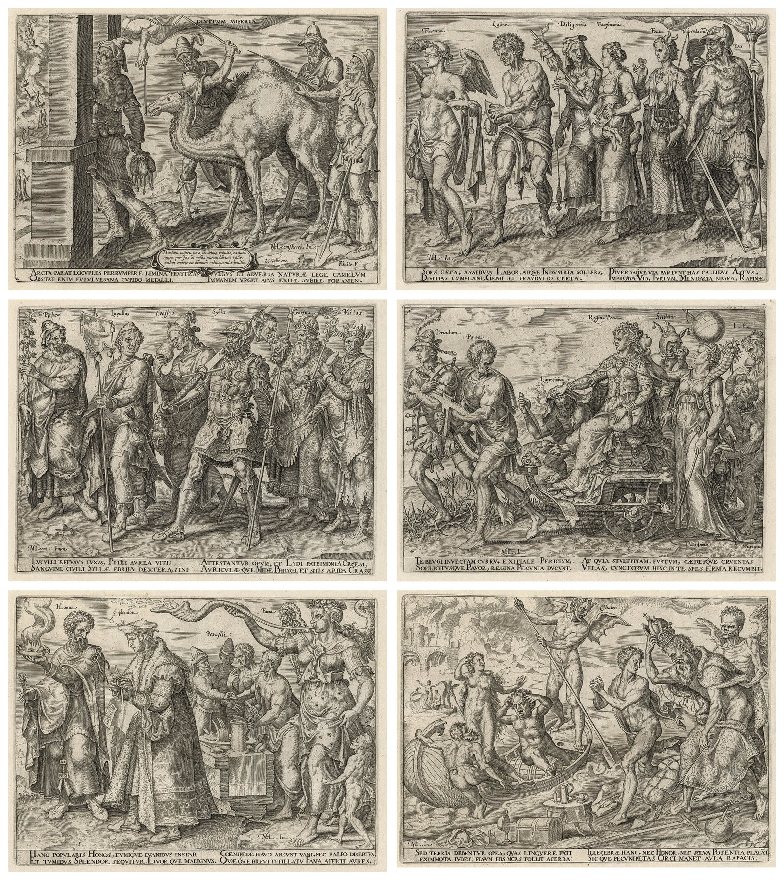 HEEMSKERCK & GALLE: "The Vanity of Riches...": Maarten van HEEMSKERCK (Dutch, 1498-1574) and Philip GALLE (Dutch, 1537-1612):"The Vanity of Riches (Divitum Miseria Sors)". The full set of six engravings on wove paper with an unidentified watermark
