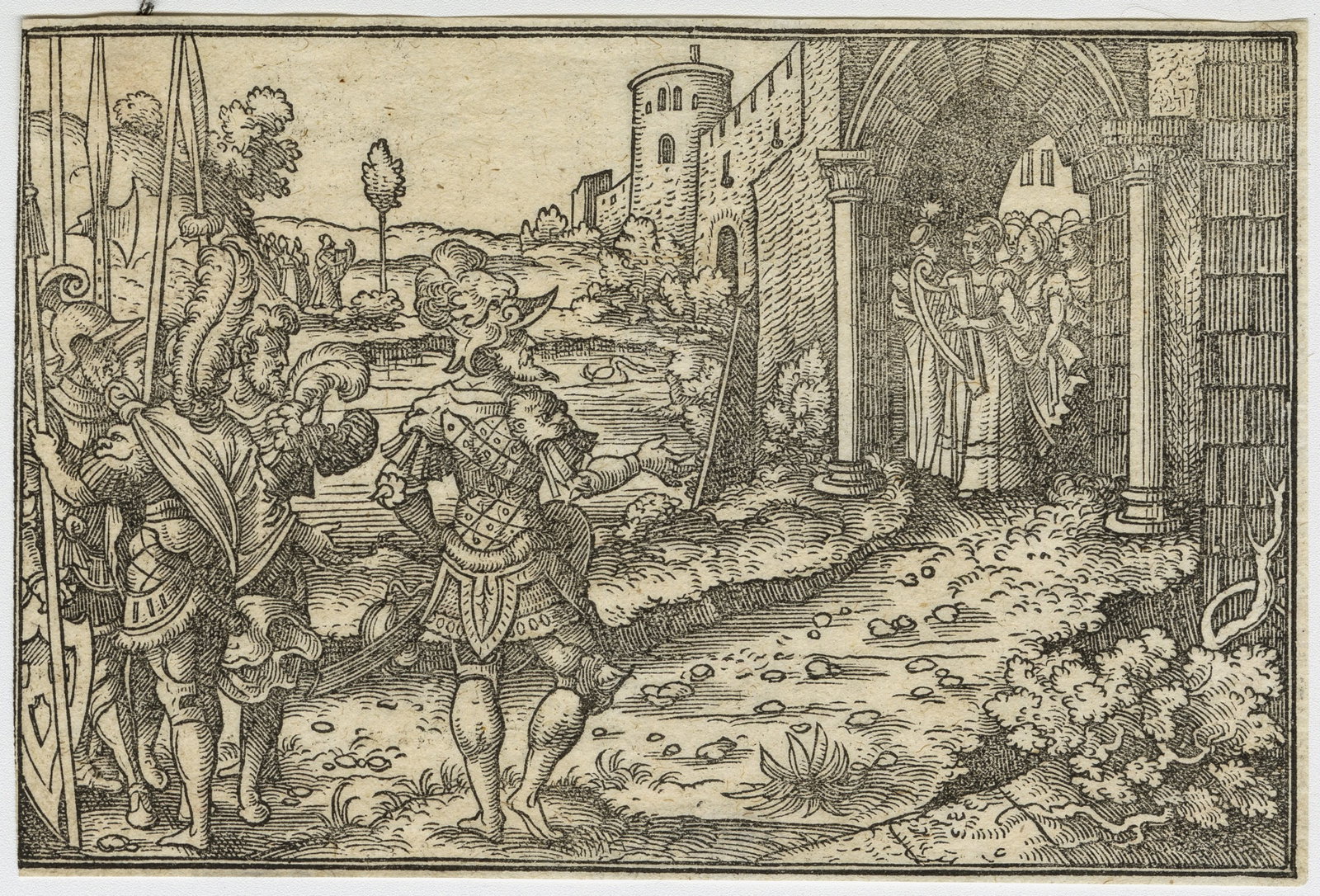 SOLIS: "Women greeting Soldiers at the Gate...": Virgil SOLIS (German, 1514-1562): "Women greeting Soldiers at the Gate (descriptive title)". Engraving on laid paper, likely from the 1563 edition of the bible by Martin Luther. Image size: 3 1/8 x 4 