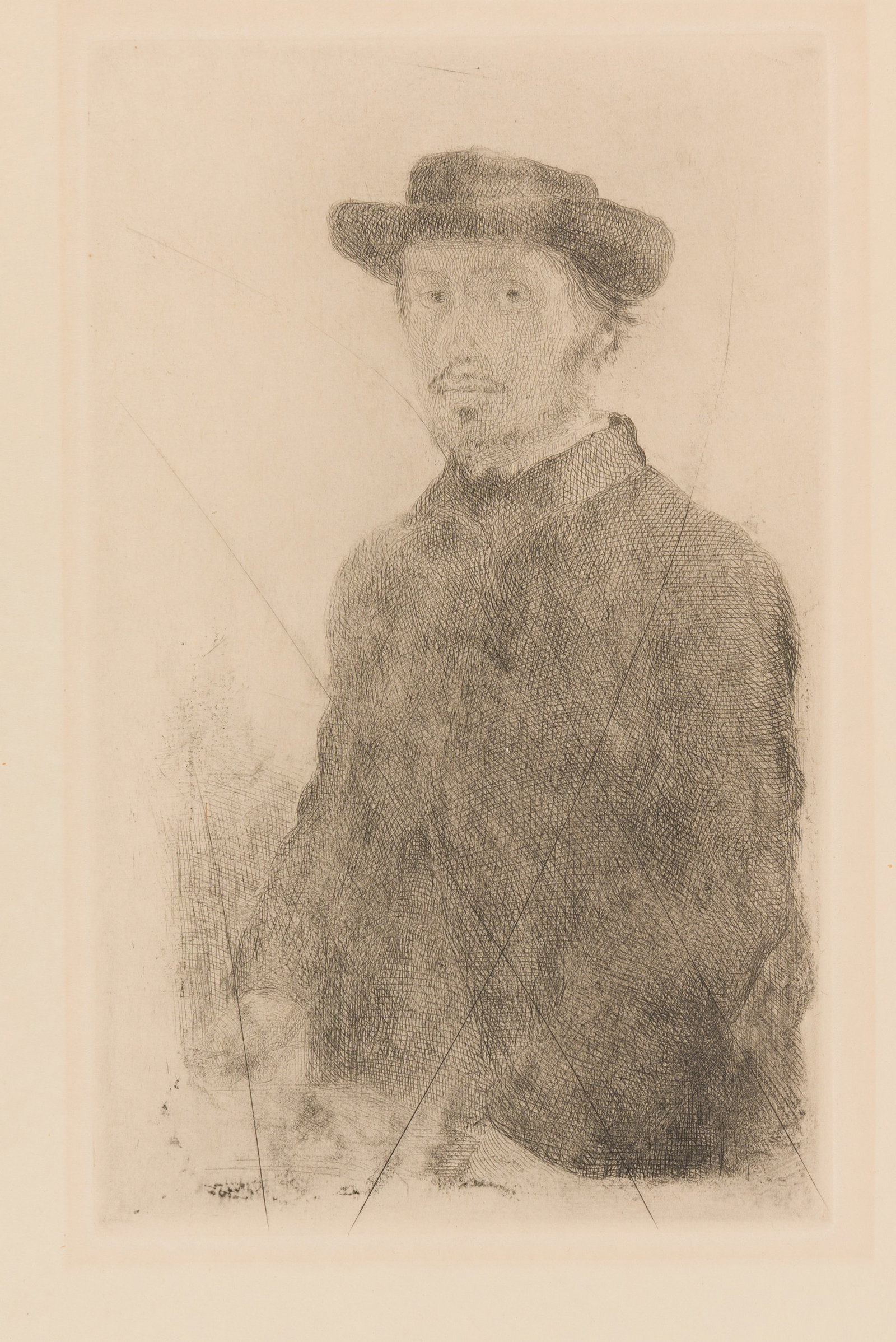 Edgar DEGAS: "Self-Portrait".: Edgar DEGAS (French, 1834-1917): "Self-Portrait". Etching and drypoint on simili-japan wove paper, 1857. A posthumous impression with cancellation marks. Published by Ambroise Vollard, Paris. Referenc