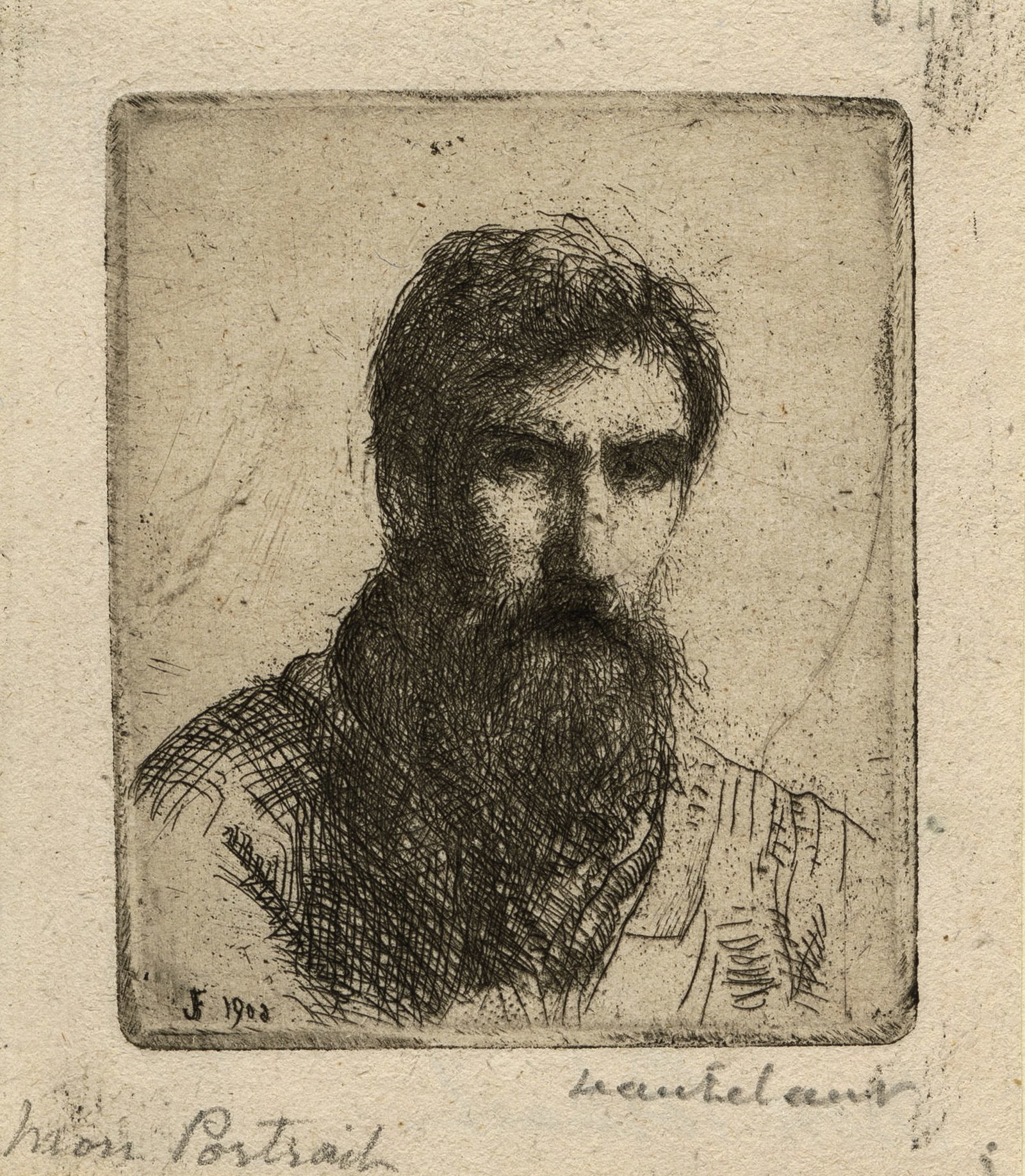Jean FRELAUT: "Portrait de l'artiste".: Jean FRELAUT (French, 1879-1954): "Portrait de l'artiste". Etching on laid paper, 1905. Reference: Delteil 44 II/II. From the edition of 15. Initialed and dated in the plate. Signed and titled "Mon Po