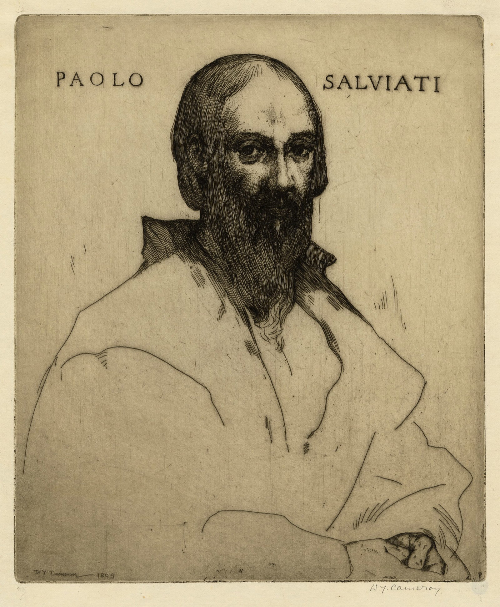 Donald Young CAMERON: "Paolo Salviati".: Donald Young CAMERON (Scottish, 1865-1945): "Paolo Salviati". Etching on wove paper, 1895. Signed and dated in the plate. Signed in pencil. Plate size: 9 1/2 x 8 inches. Sheet size: 12 1/4 x 9