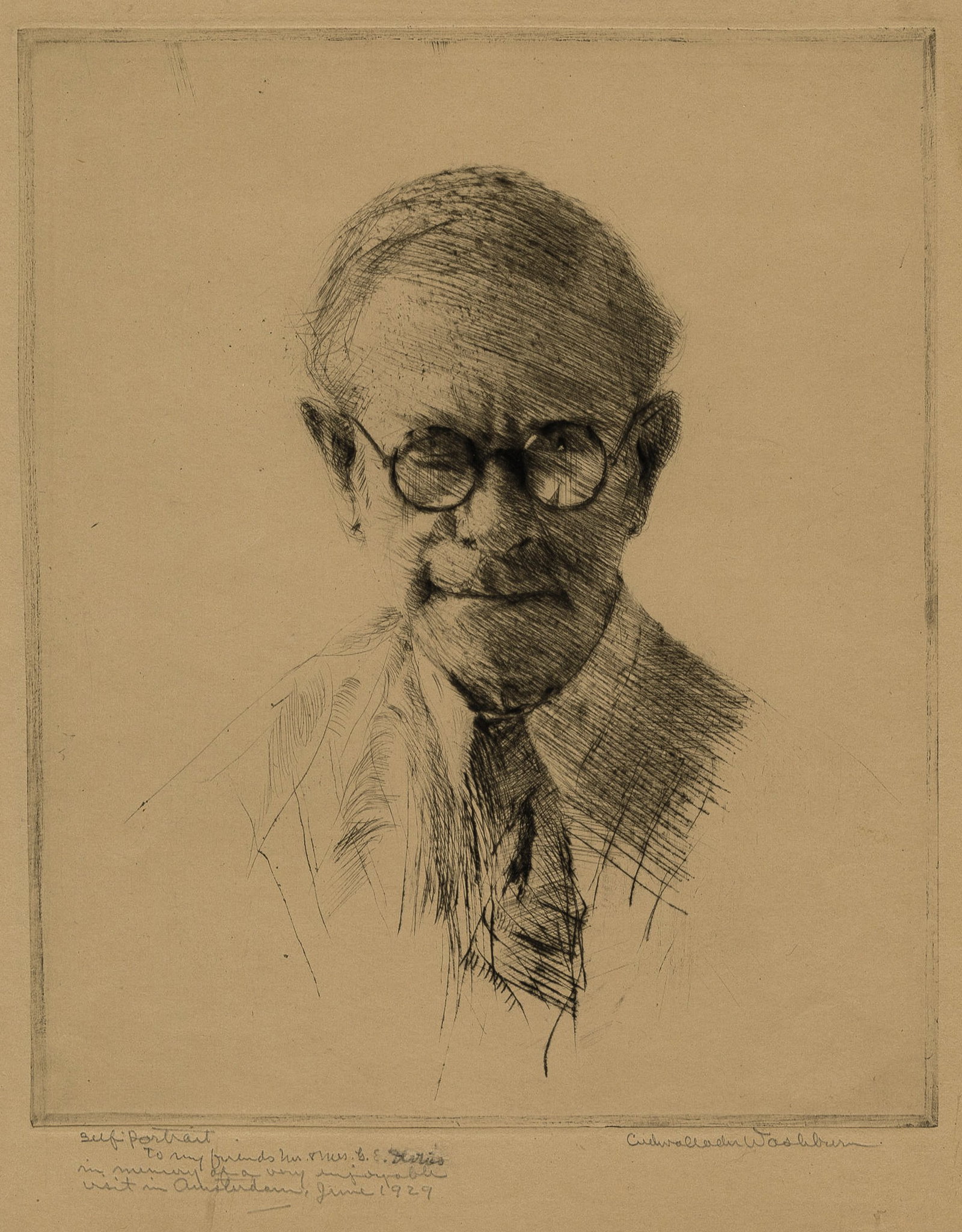 Cadwallader WASHBURN: "Self Portrait No.2".: Cadwallader WASHBURN (American, 1866-1965): "Self Portrait No.2". Drypoint on cream wove paper, 1929. Signed, and profusely dedicated and annotated in pencil. Plate size: 8 1/4 x 6 7/8 inches. Sheet