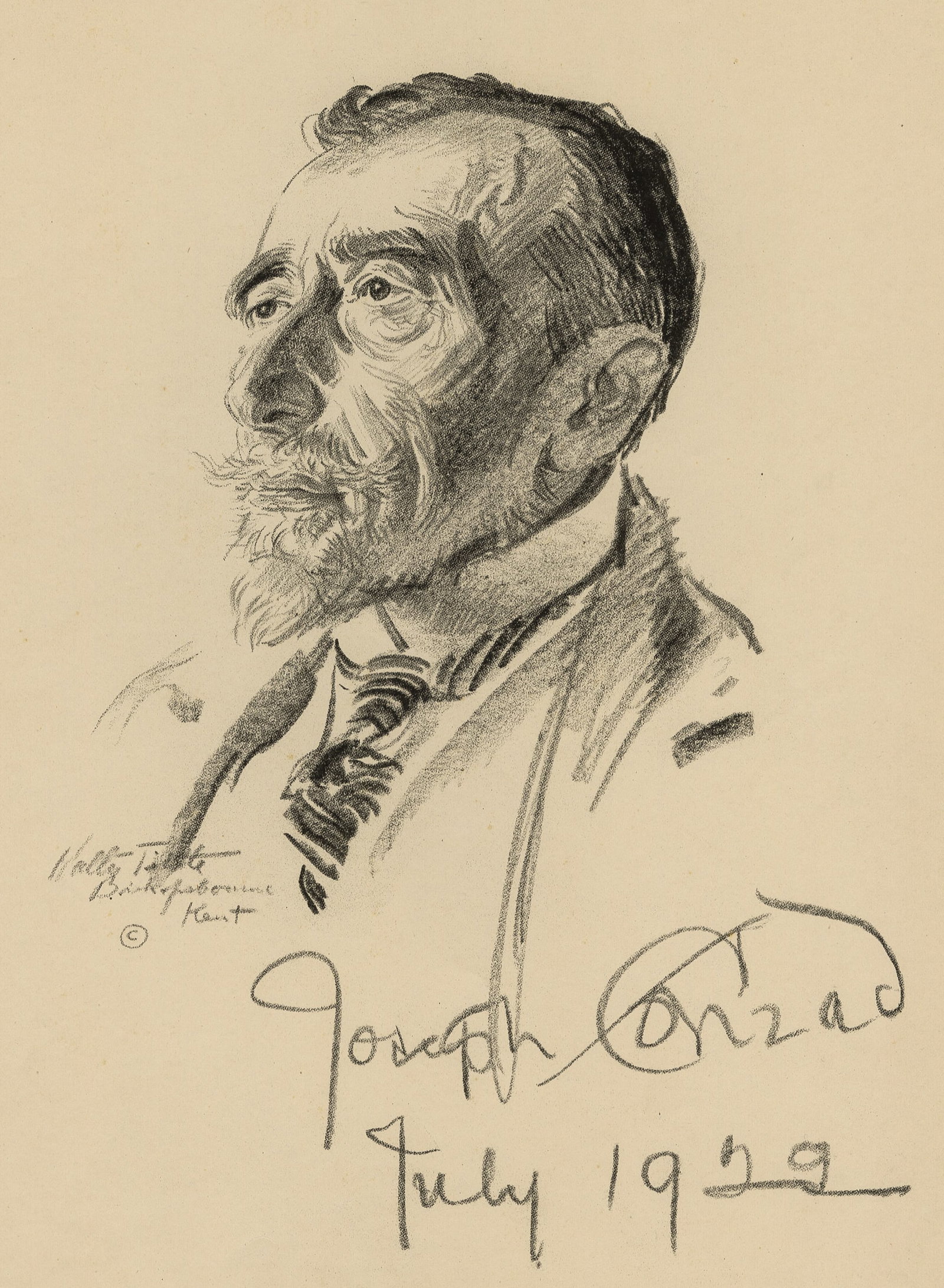 Walter TITTLE: "Joseph Conrad, July, 1929".: Walter TITTLE (American, 1883-1966): "Joseph Conrad, July, 1929". Lithograph on wove paper. Signed in pencil. Titled and signed in the plate. Sheet size: 14 1/2 x 11 1/8 inches.