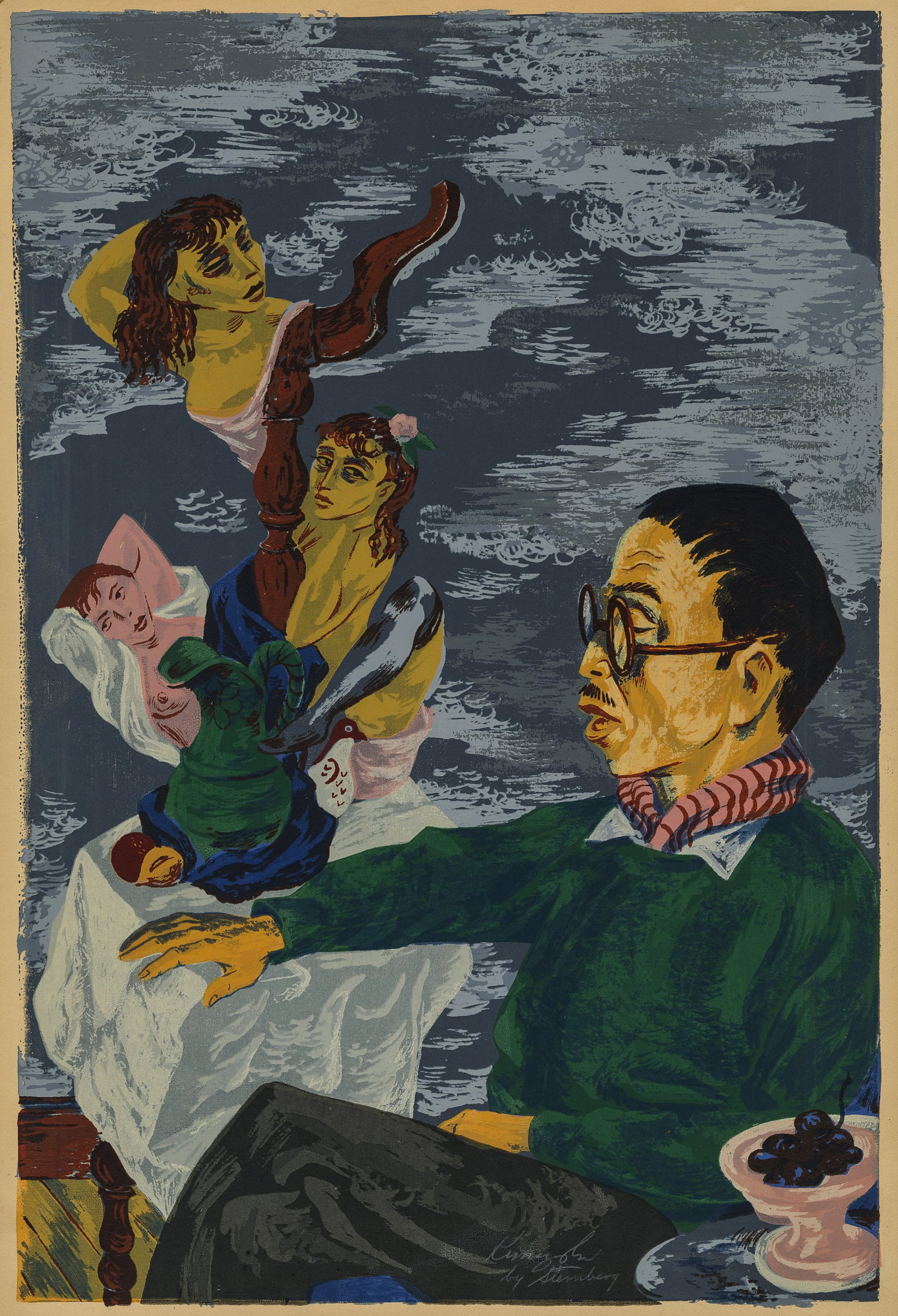 Harry STERNBERG: "Yasuo Kuniyoshi".: Harry STERNBERG (American, 1904-2001): "Yasuo Kuniyoshi". Color screenprint on card stock wove paper, 1943. Edition of 30. Signed "Kyniyoshi by Sternberg" by the artist, in white pencil, in the