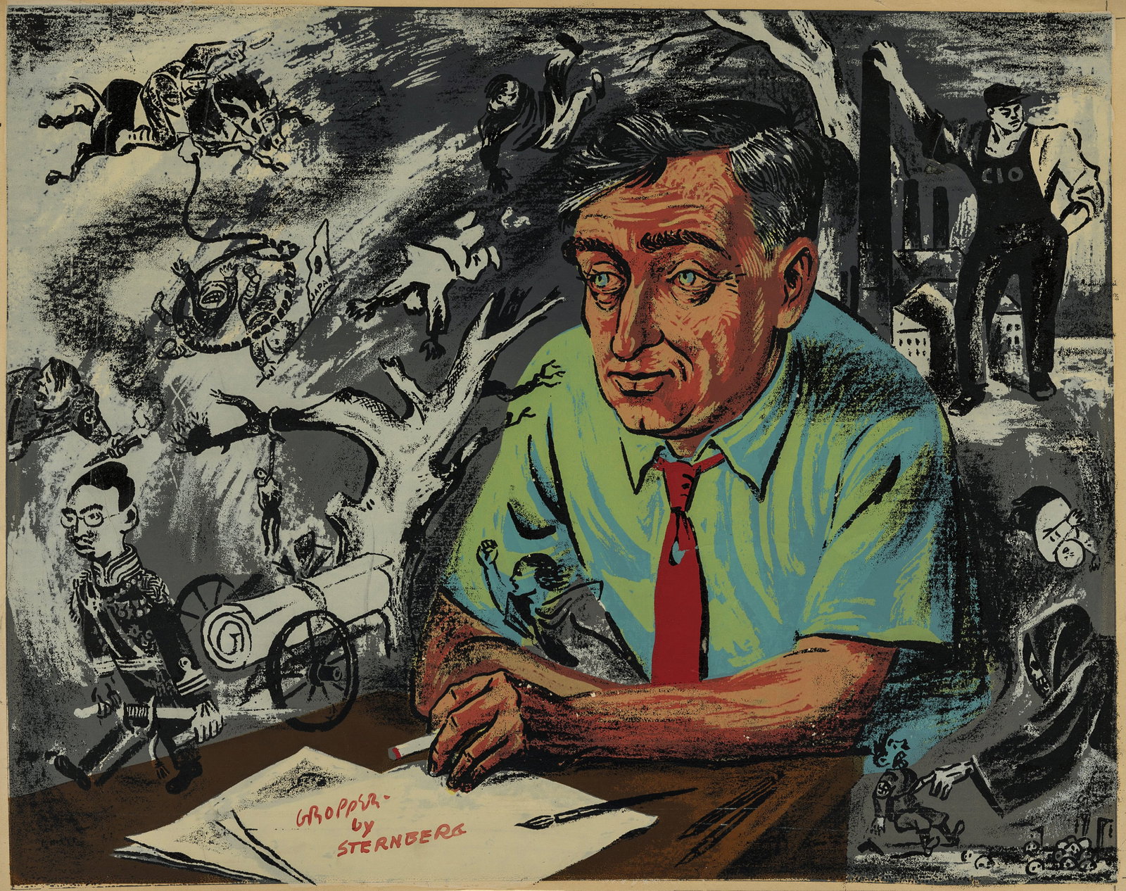 Harry STERNBERG: "William Gropper".: Harry STERNBERG (American, 1904-2001): "William Gropper". Color screenprint on tan wove paper, 1944. Edition of 30. Signed "Gropper" by William Gropper in red ink, and signed "by Sternberg" in red