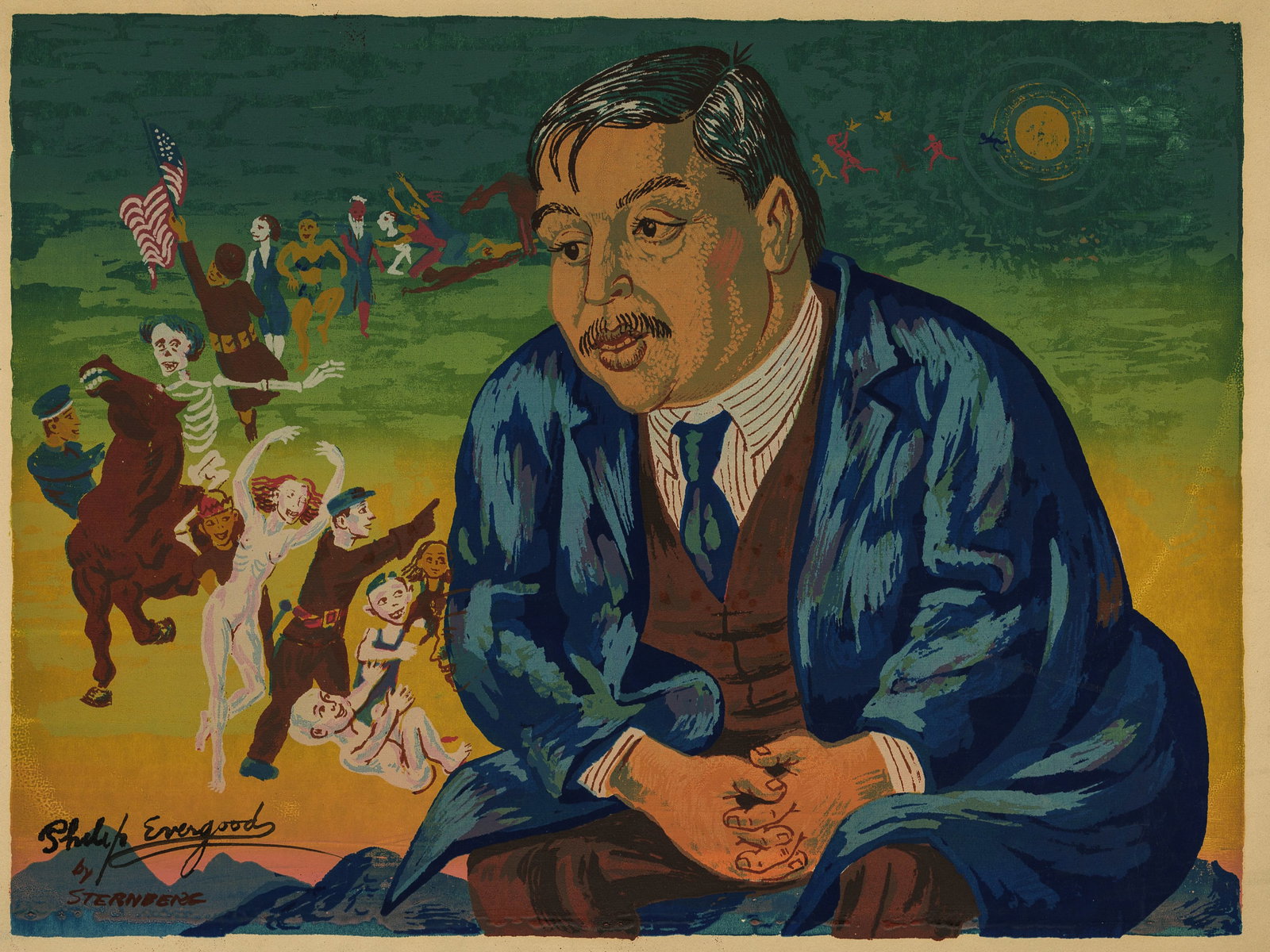 Harry STERNBERG: "Philip Evergood".: Harry STERNBERG (American, 1904-2001): "Philip Evergood". Color screenprint on card stock wove paper, 1944. Edition of 30. Signed " Philip Evergood" by Philip Evergood in black ink, and signed "by