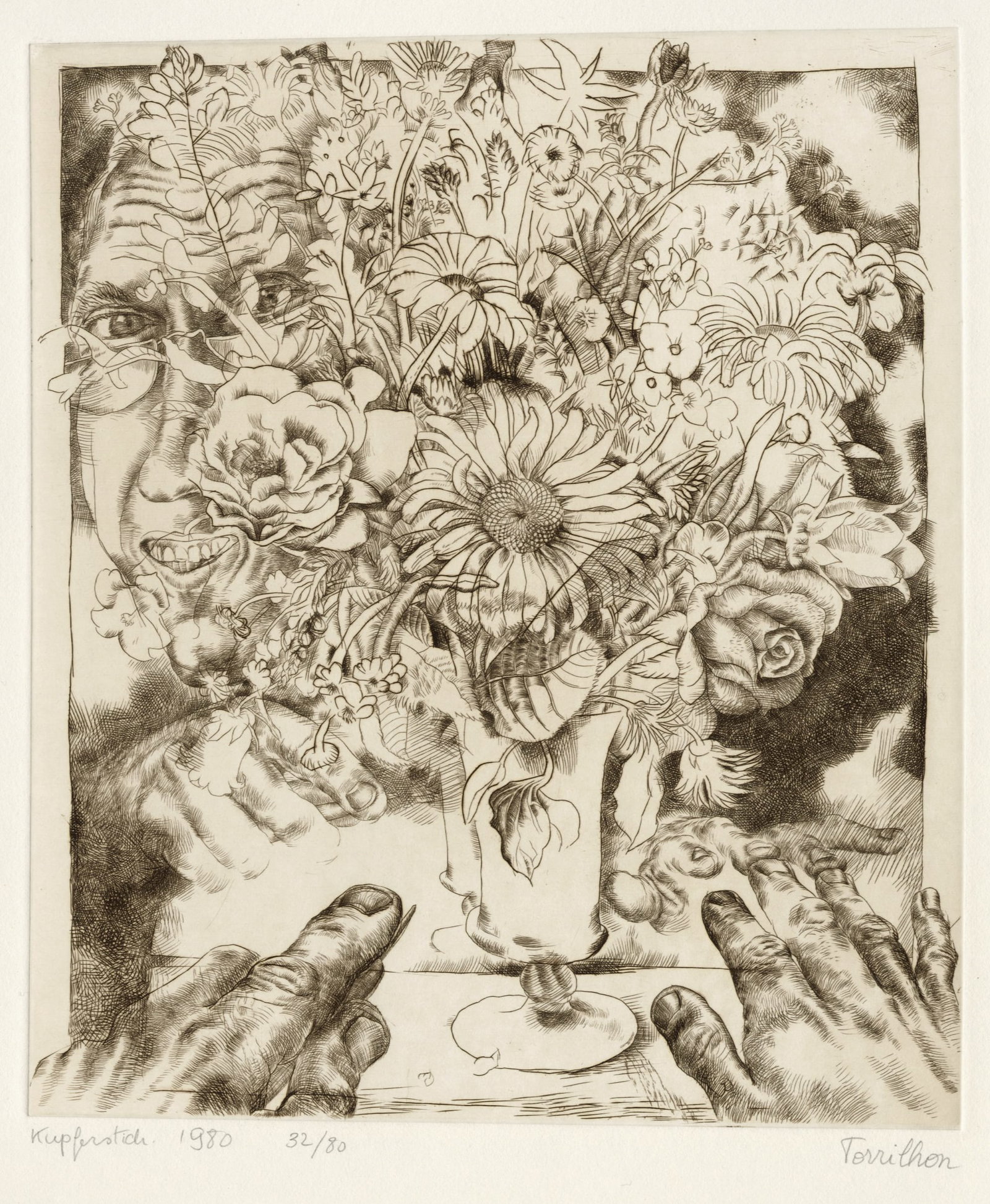 Tony TORRILHON: "Selbst mit Blumenvase".: Tony TORRILHON (German, b. 1931): "Selbst mit Blumenvase". Engraving on wove paper, 1980. Edition of 80. Signed, dated, annotated, and numbered in pencil. Plate size: 10 3/4 x 9 3/8 inches.