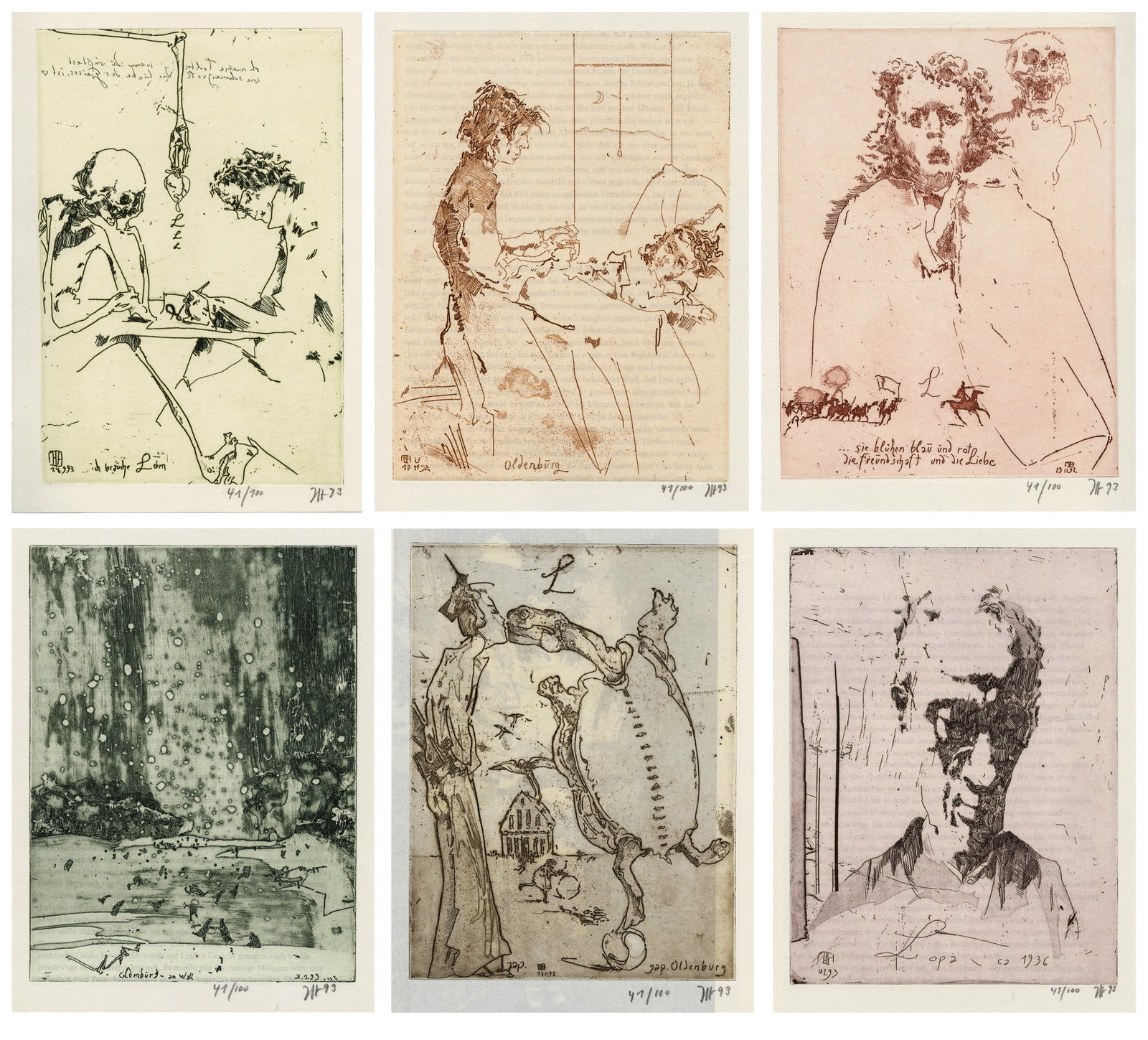 JANSSEN: "Kleiner Erdenbuerger - Oldenburger...": Horst JANSSEN (German, 1929-1995): "Kleiner Erdenbuerger - Oldenburger Ehrenbuerger" (Honorary Citizen of Oldenburg). Six etchings printed in assorted hues on laid Japan paper, bound in a stapled