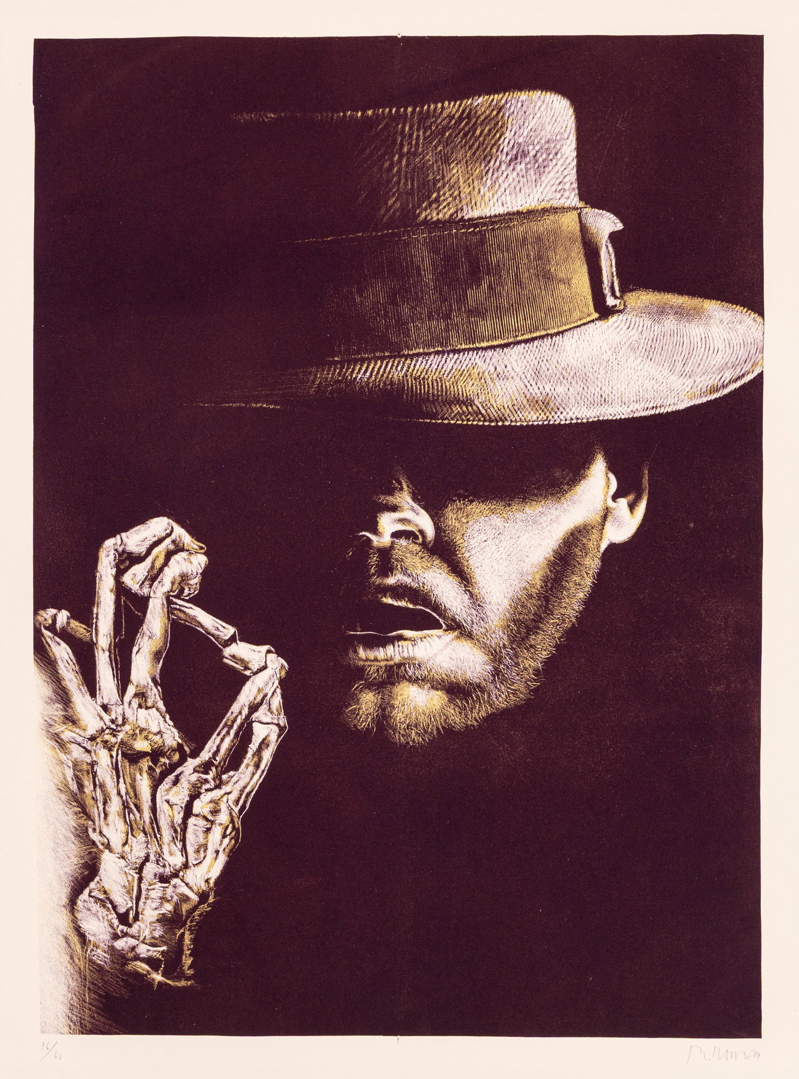 SCHWARZ: "Self Portrait with Skeleton Hand".: Reiner SCHWARZ (German, born 1940): "Self Portrait with Skeleton Hand". Color lithograph on wove paper, 1987. Edition of 60. Signed, dated, and numbered in pencil. Image size: 17 x 12 3/8 inches.