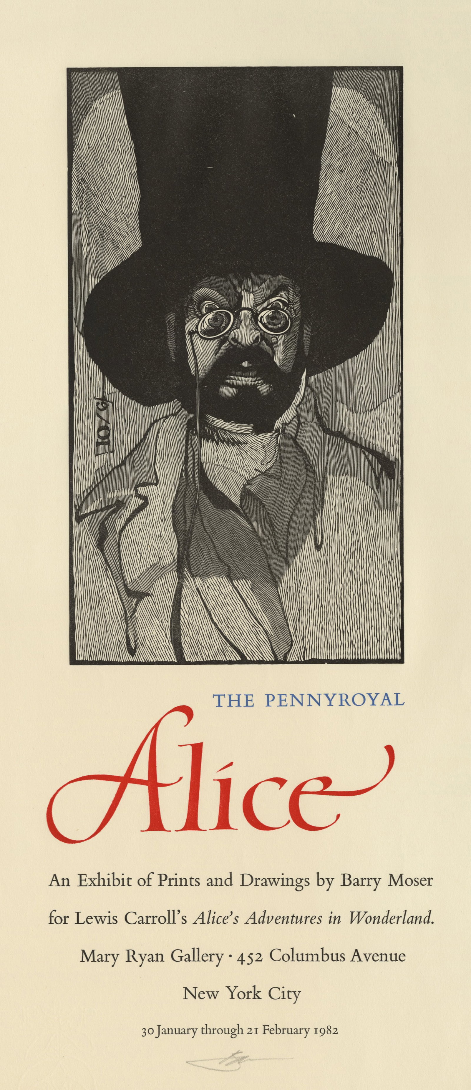 Barry MOSER: "Alice".: Barry MOSER (American, born 1940): "Alice" (Self-Portrait). Woodcut on wove paper with PPM watermark with a flower, 1981-82. With letterpress printing in blue, red, and black inks, announcing an