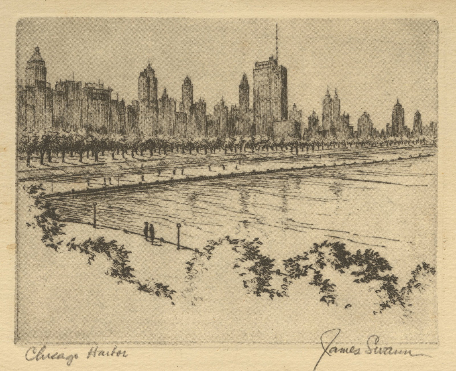 James SWANN: "Chicago Harbor".: James SWANN (American, 1905-1985): "Chicago Harbor". Drypoint on wove paper, 1958. Signed and titled in pencil. Plate size: 4 1/8 x 5 1/4 inches. Sheet size: 4 3/4 x 6 1/2 inches.